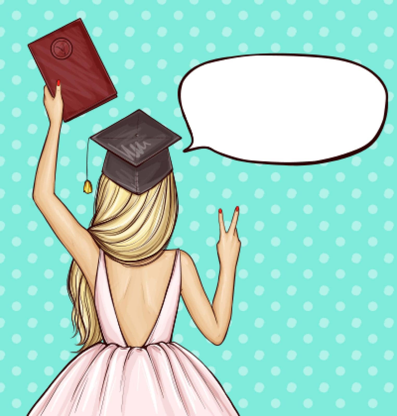 Vector pop art illustration of a young graduate student girl in academic cap with a university diploma in hand, back view. Female shows victory, peace sign. Concept of celebrating the graduation ceremony