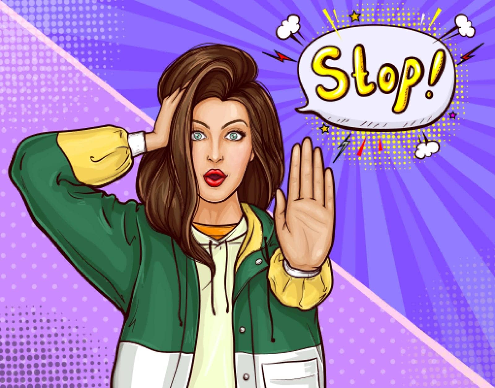 Pop art brunette surprised girl in jacket with wide open eyes and opened mouth doing stop gesture. Beautiful young woman with scared facial expression holding head one hand. Retro vector illustration.