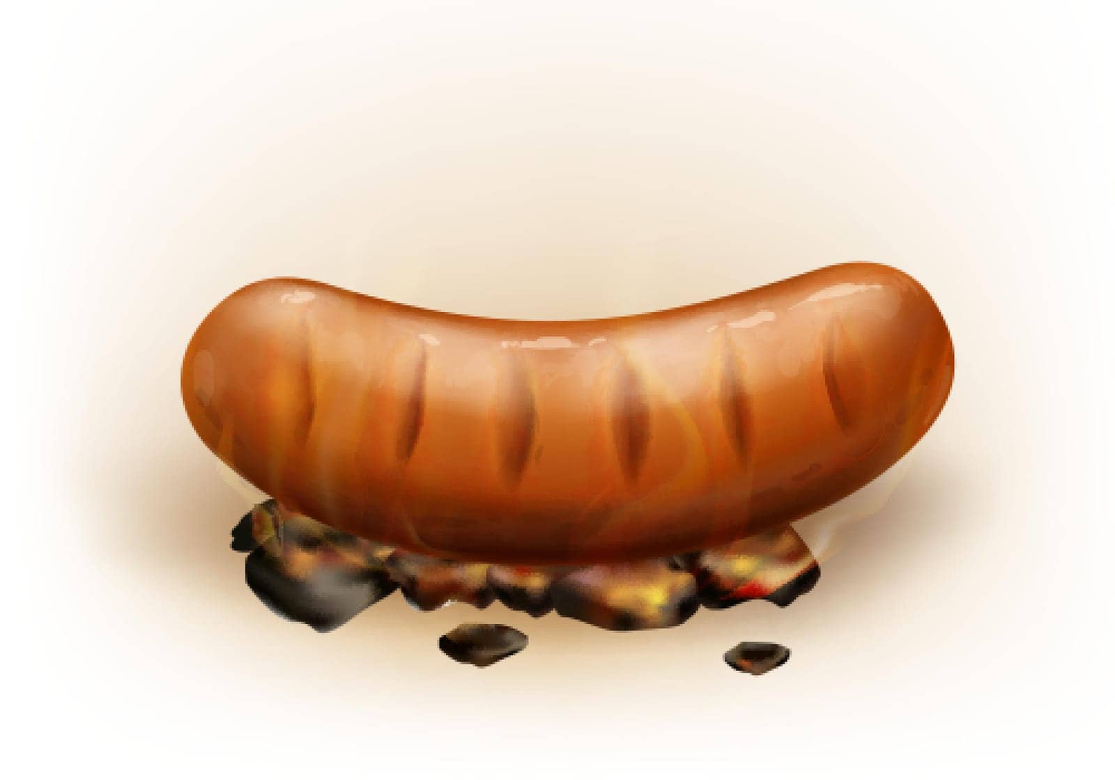 Vector realistic hot juicy grilled sausage roasted on coals, isolated on white background. Pork or beef bratwurst cooked on smoldering charcoal. Picnic barbeque meal, street fast food. Traditional bbq