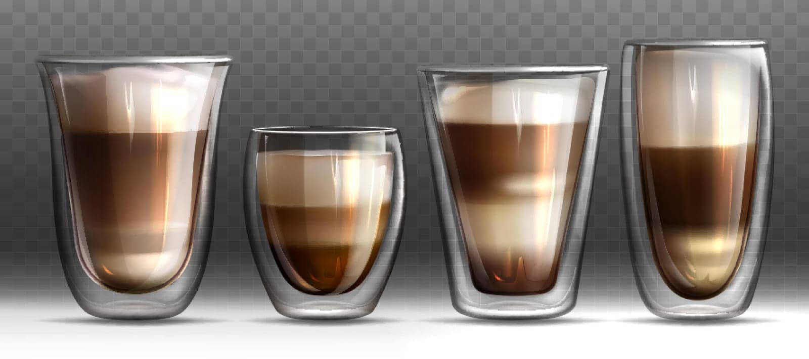 Realistic different shapes glass cups with hot coffee by Redgreystock