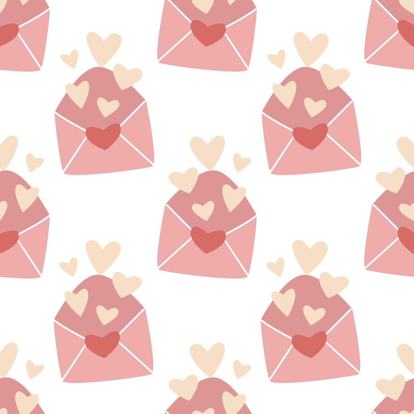 Love letters seamless romantic pattern. Hand drawn envelopes with hearts. Valentines day background. Cute love print for textile, packaging, paper and holiday design, vector illustration