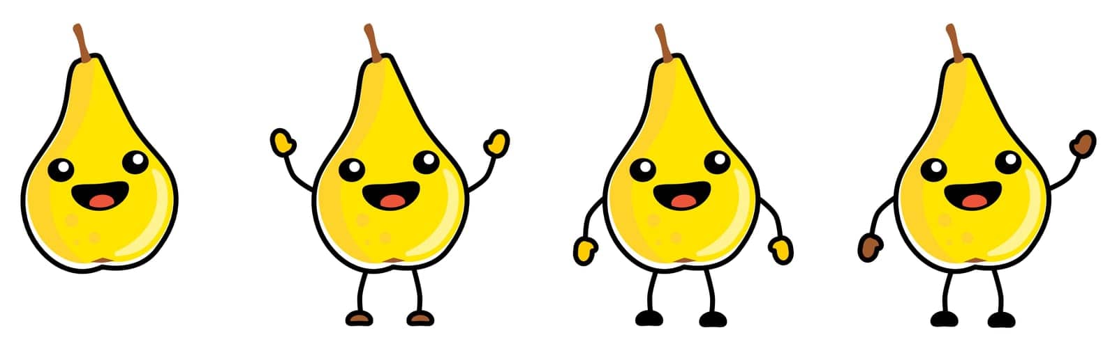 Cute kawaii style Pear fruit icon, outlined, large eyes, smiling with open mouth. Version with hands raised, down and waving by Ivanko