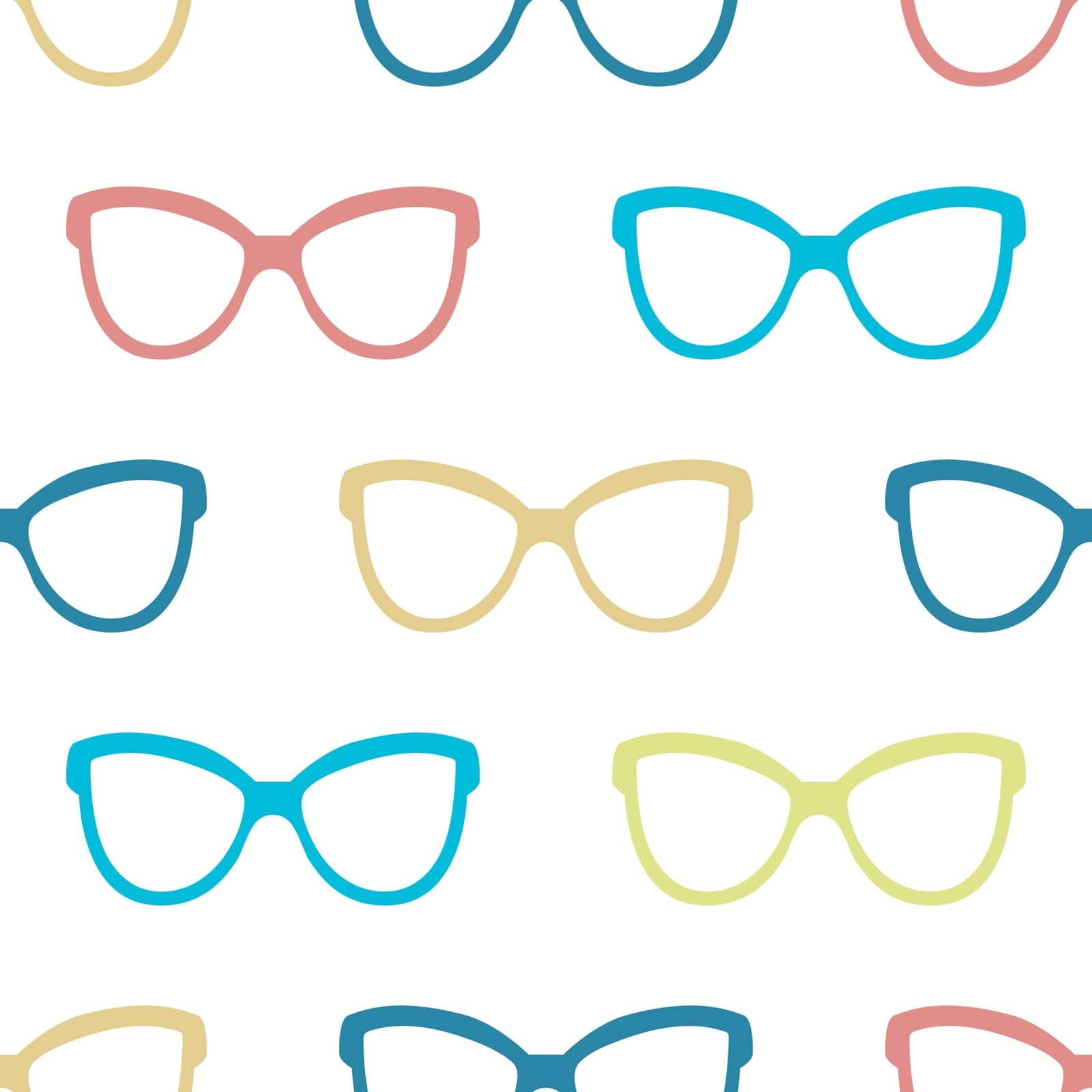 Child colored glasses seamless pattern. Background glasses with blue, yellow, red, green frames. Continuous print for design, vector illustration