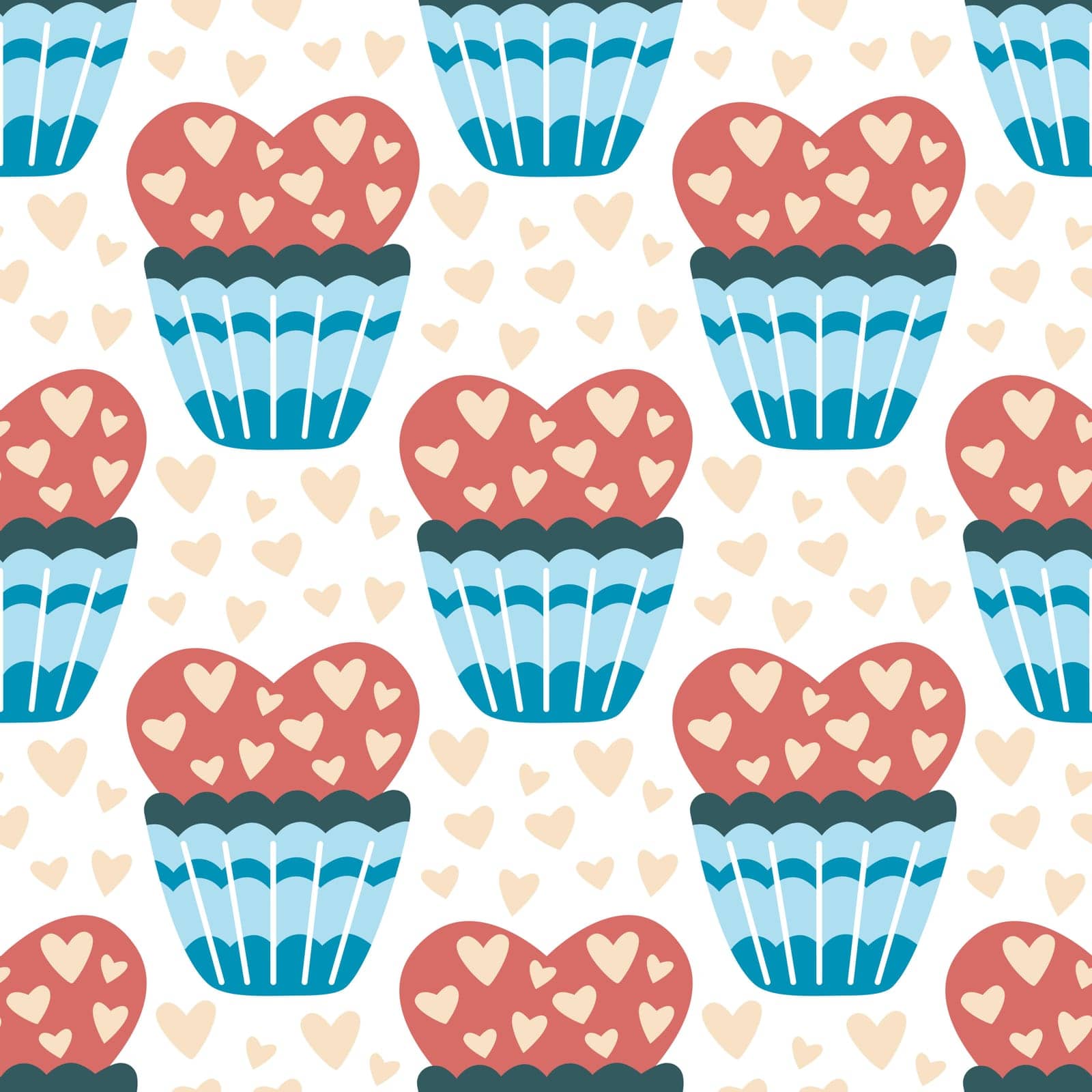 Sweet cakes with cream seamless pattern. Heart shaped cupcakes background. Romantic print with hearts and pastries, vector illustration