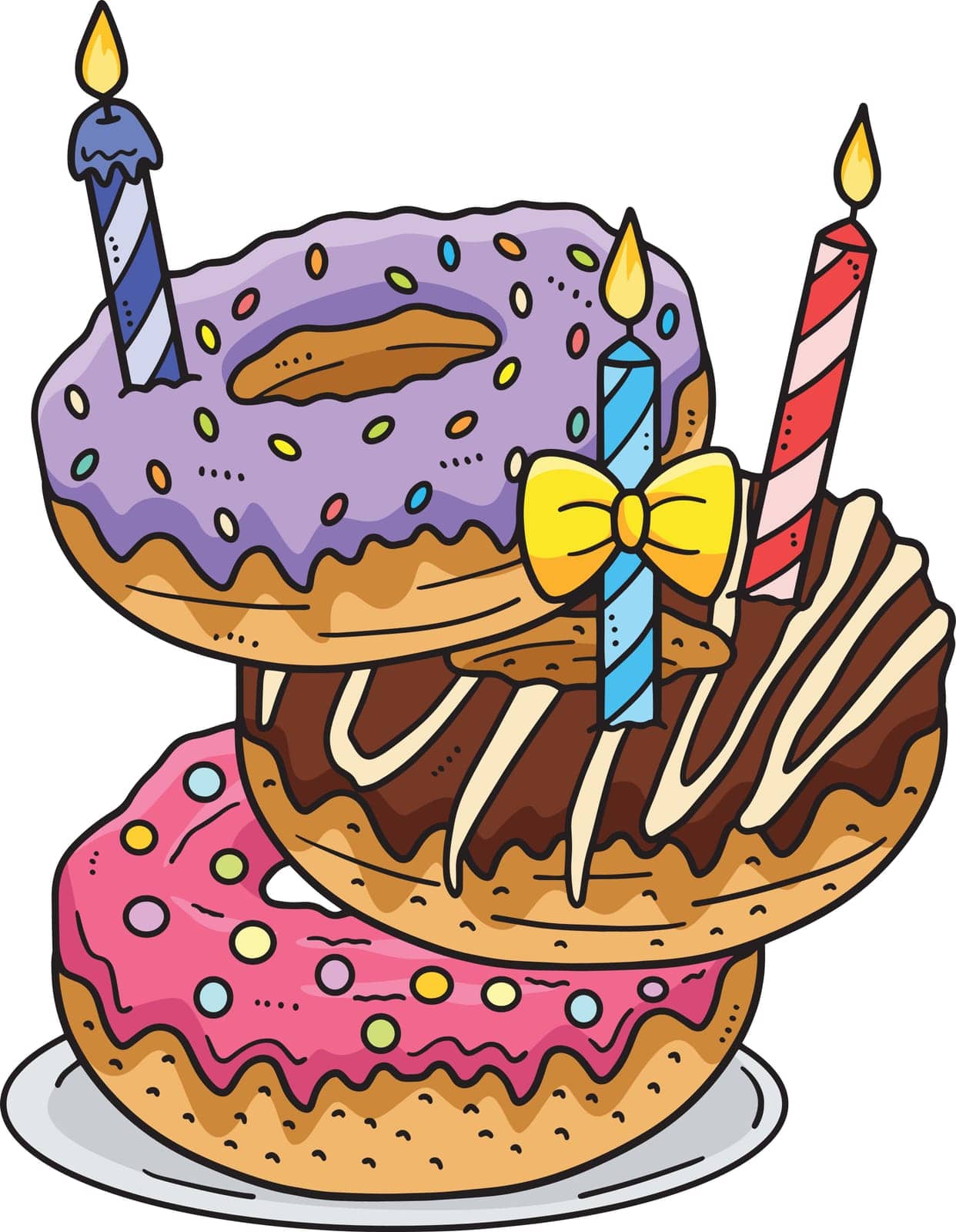 This cartoon clipart shows a Birthday Stack of Donuts with a Candle and Plate illustration.