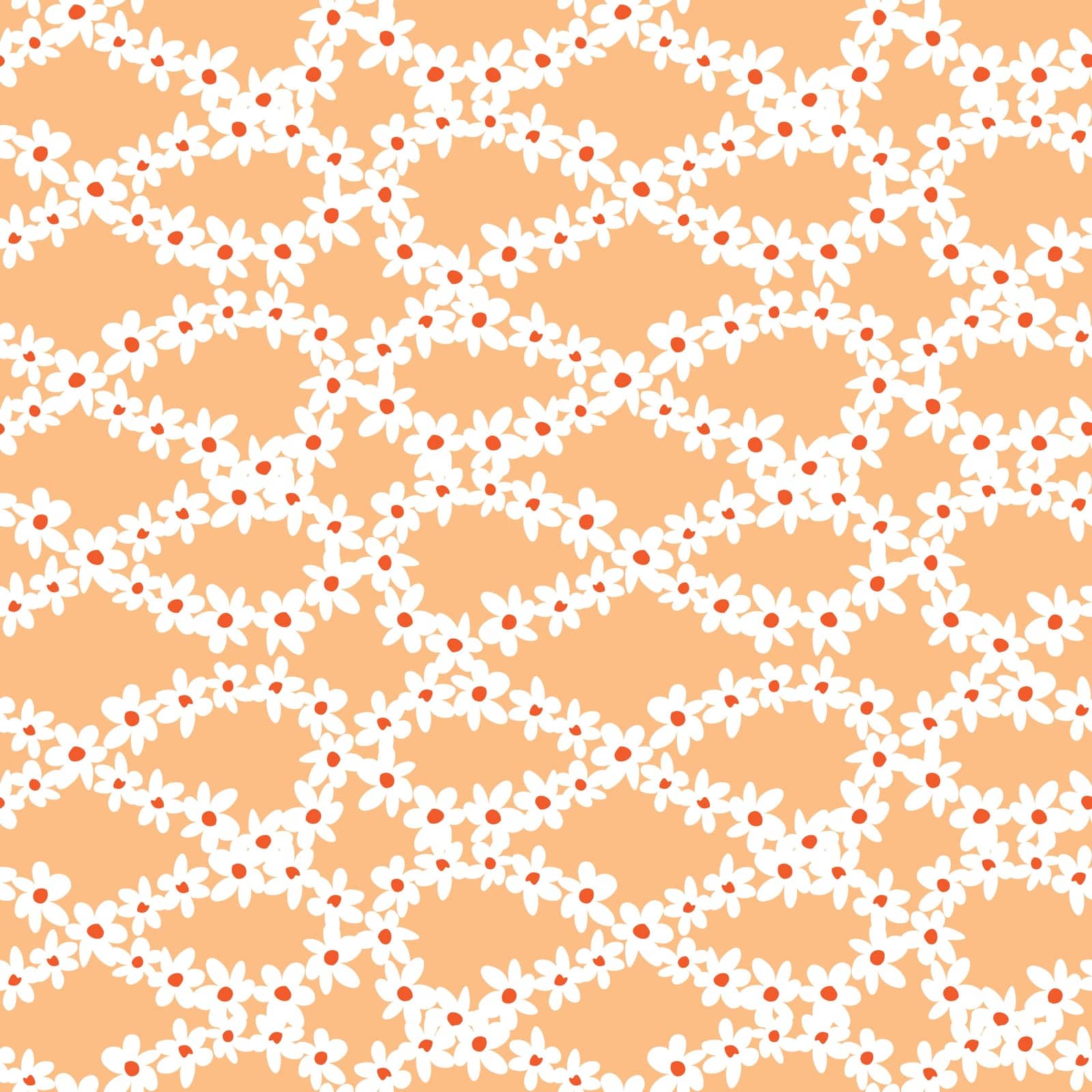 Vector orange fun daisy flowers infinity loop repeat pattern with orange center. Suitable for textile, gift wrap and wallpaper. Surface pattern design.