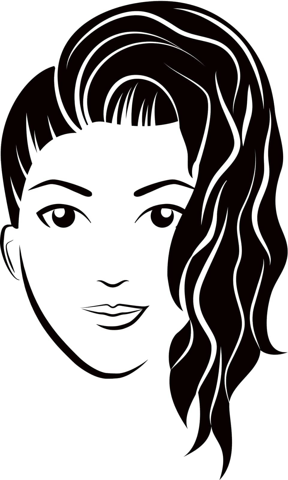 Woman head with curly hairstyle. Fashion trendy female headdress logo monochrome illustration