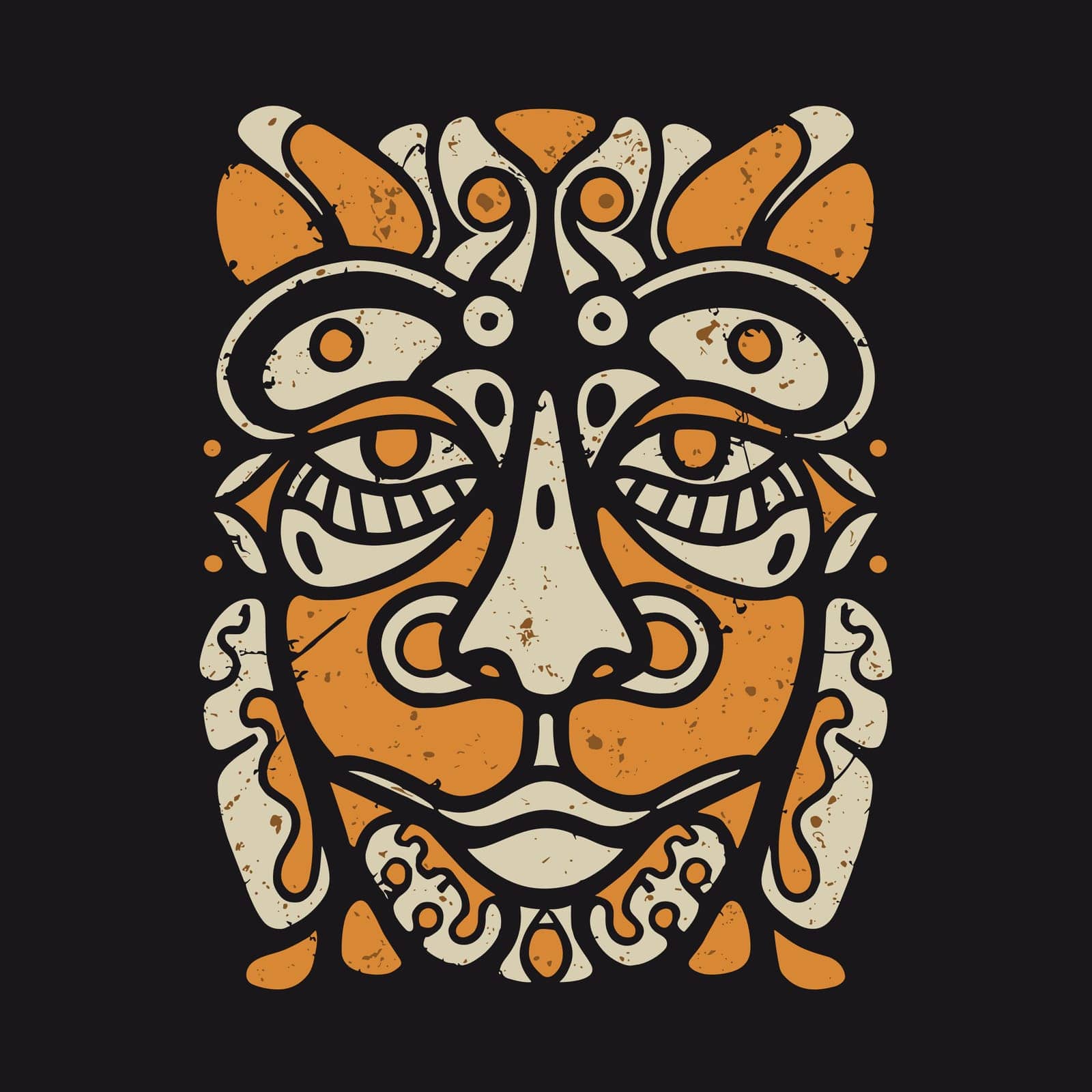 Tribal mask. Vector illustration for t-shirt. Isolated on black background. Abstract Art in Orange and White Colors, using a Negative Space