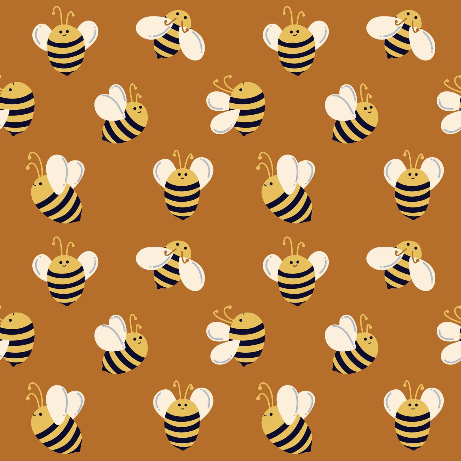 Bees move in different directions on a brown background. Seamless pattern with bees for children