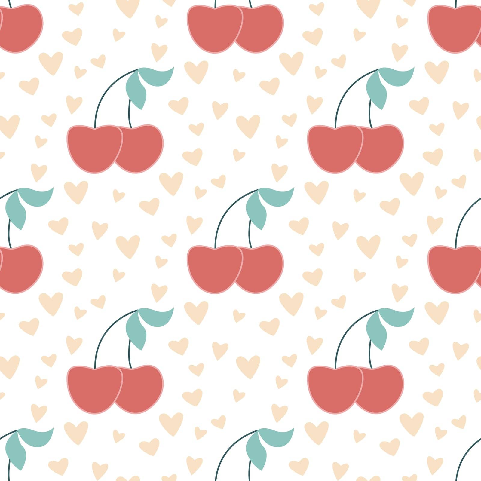 Cute seamless pattern of cherries and hearts. Berry romantic background for Valentine s day. Simple print for gift wrapping, textile and design, vector illustration flat style