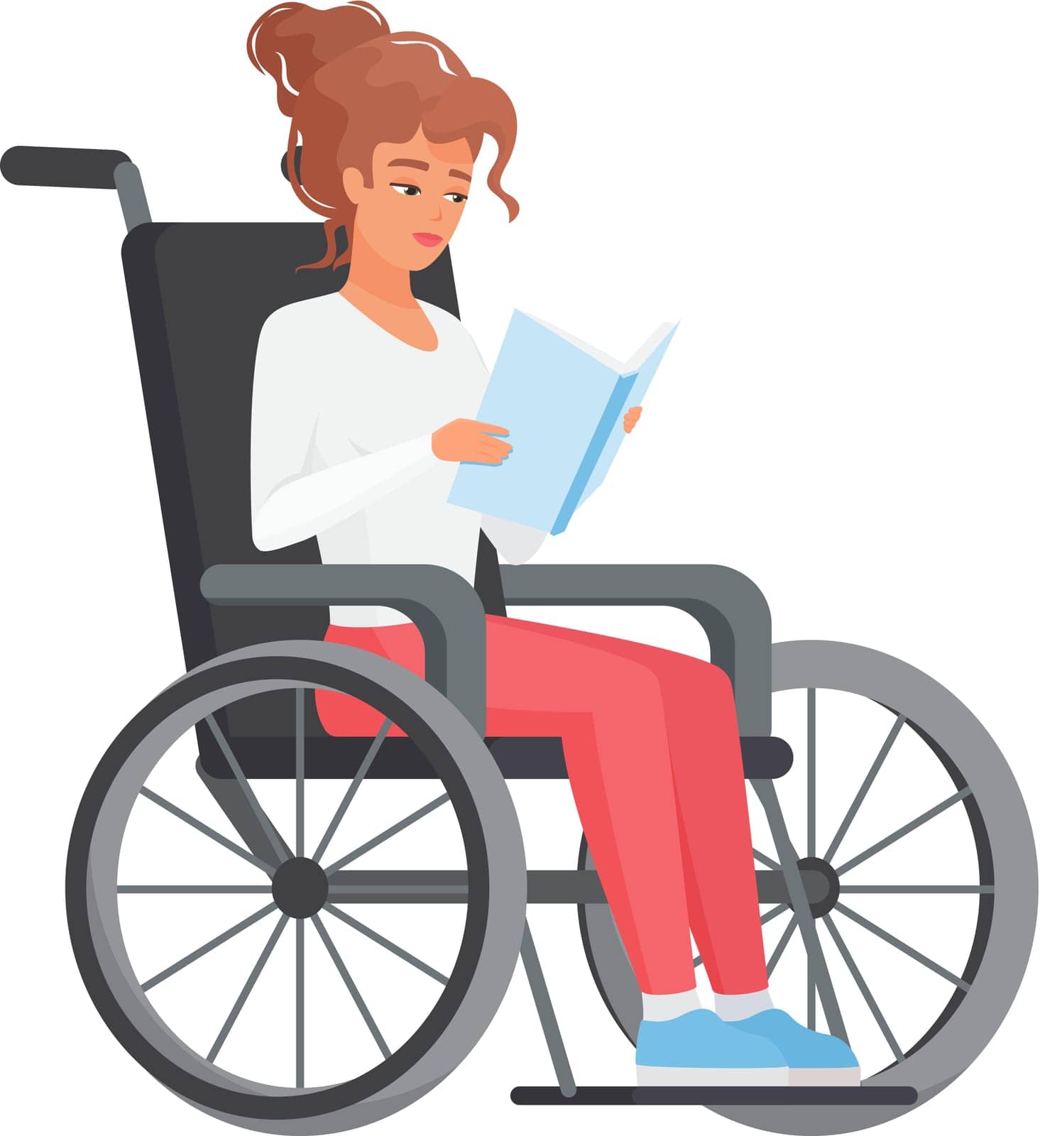 Woman in wheelchair reading a book by Lembergvector