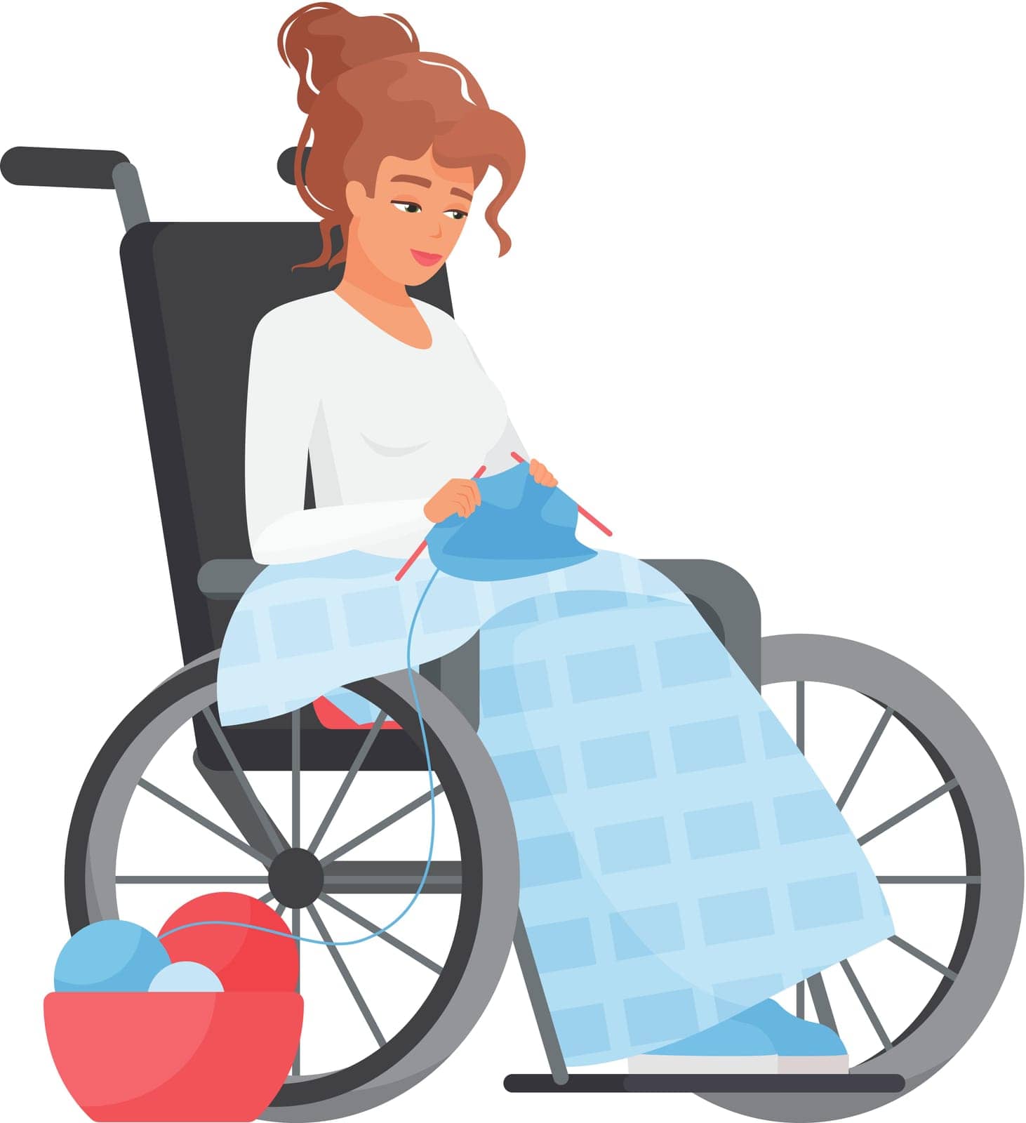 Woman in wheelchair knitting. Young lady with limited mobility leisure time cartoon vector illustration