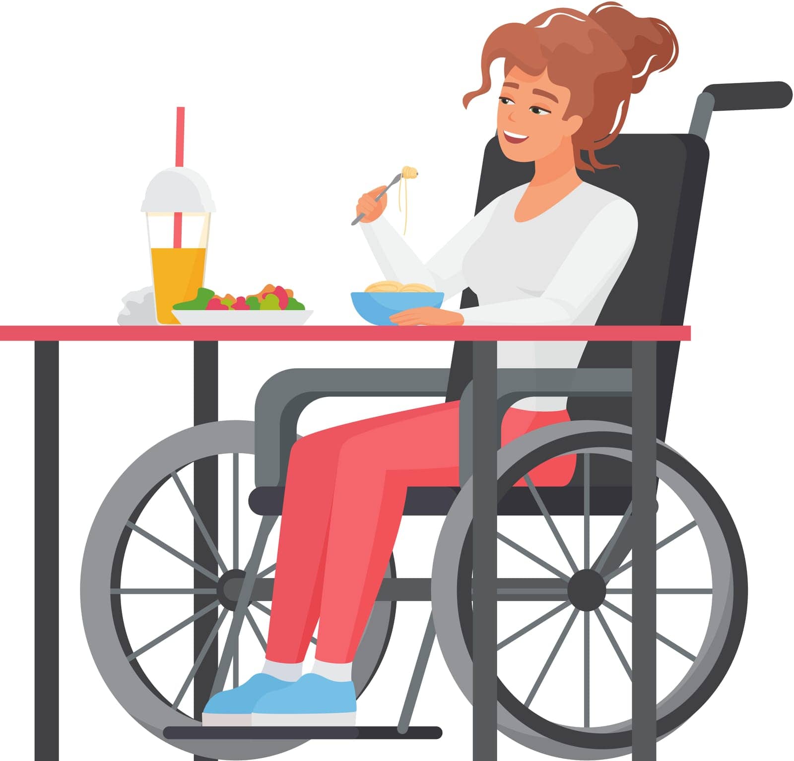 Woman in wheelchair having lunch. Lady with limited mobility eating cartoon vector illustration