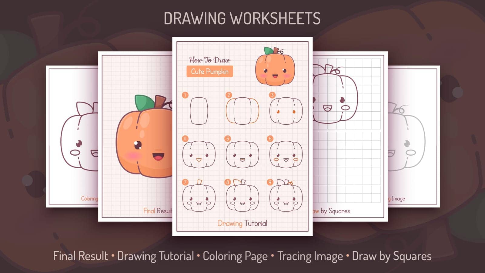 How to Draw a Pumpkin. Step by Step Drawing Tutorial. Draw Guide. Simple Instruction. Coloring Page. Worksheets for Kids and Adults. Vector eps 10.