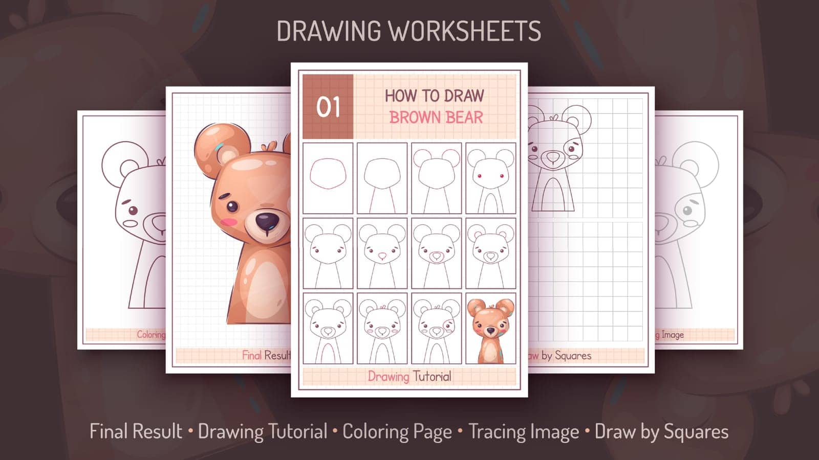 How to Draw a Brown Bear. Step by Step Drawing Tutorial. Draw Guide. Simple Instruction. Coloring Page. Worksheets for Kids and Adults. Vector eps 10.