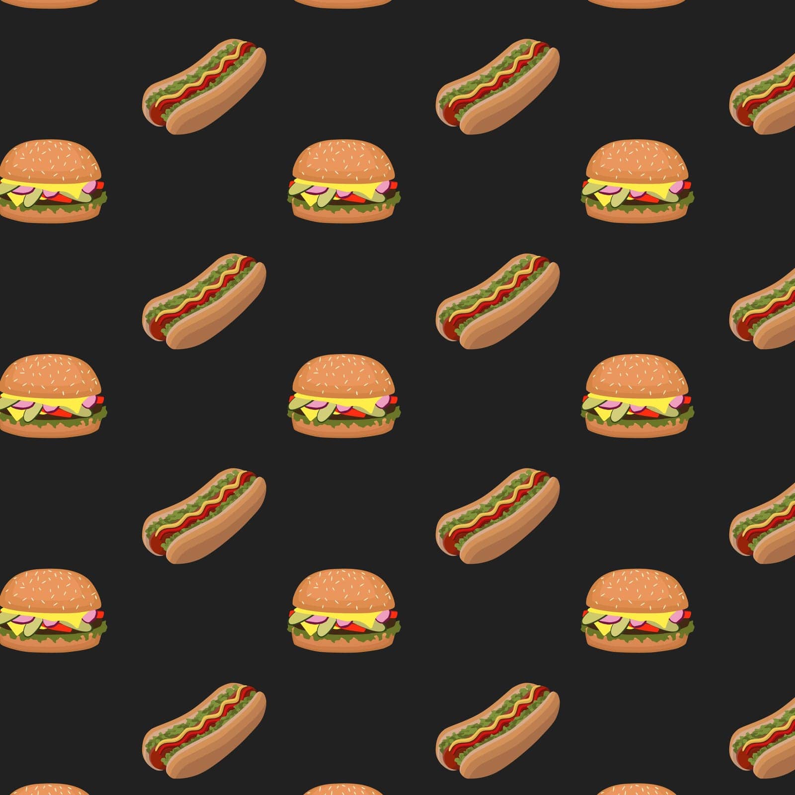 Seamless pattern with burger and hot dog on dark background. Suitable for decoration of fabric for furniture in cafe or paper