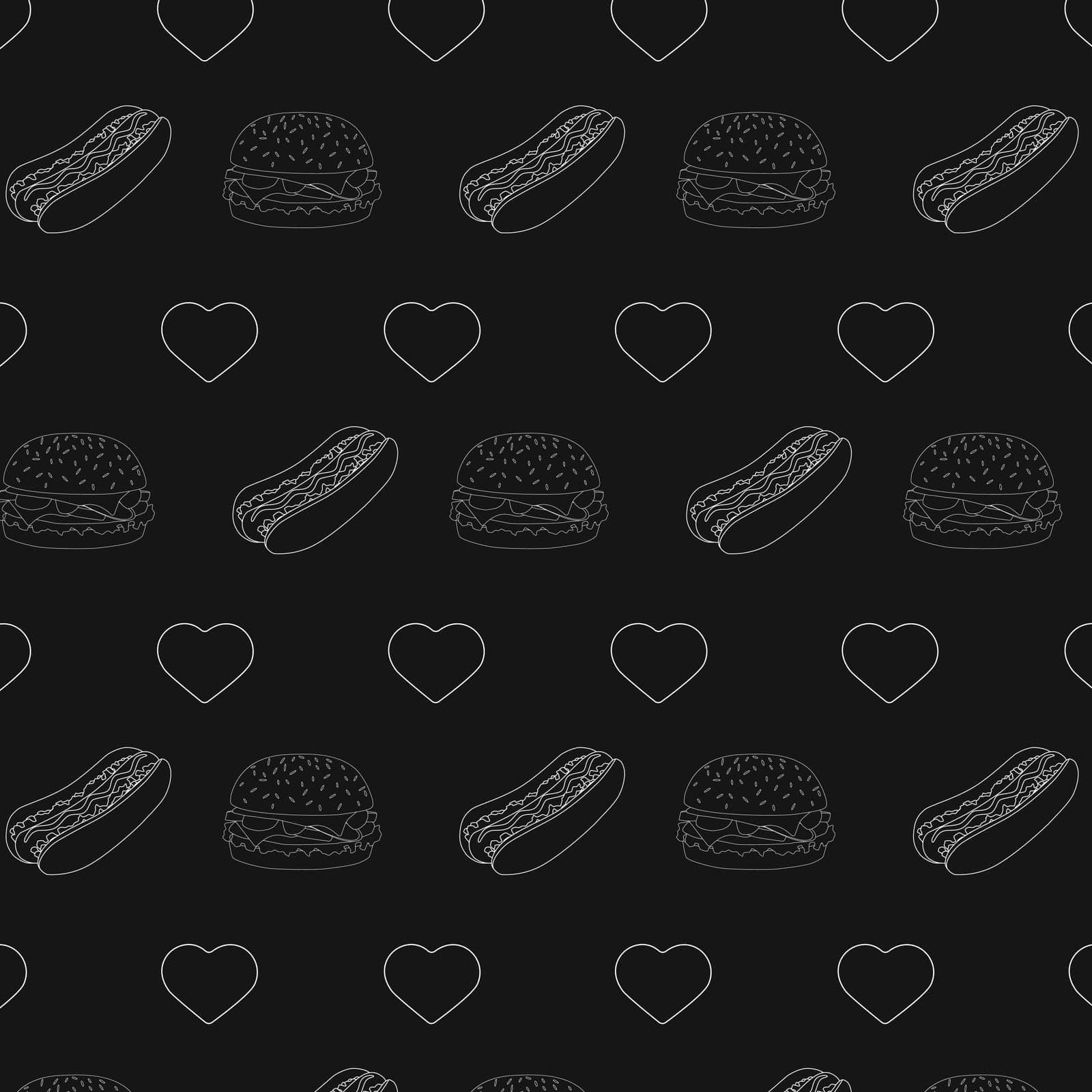 Seamless pattern with burgers hot dogs hearts white outline on dark background for pizzeria decoration