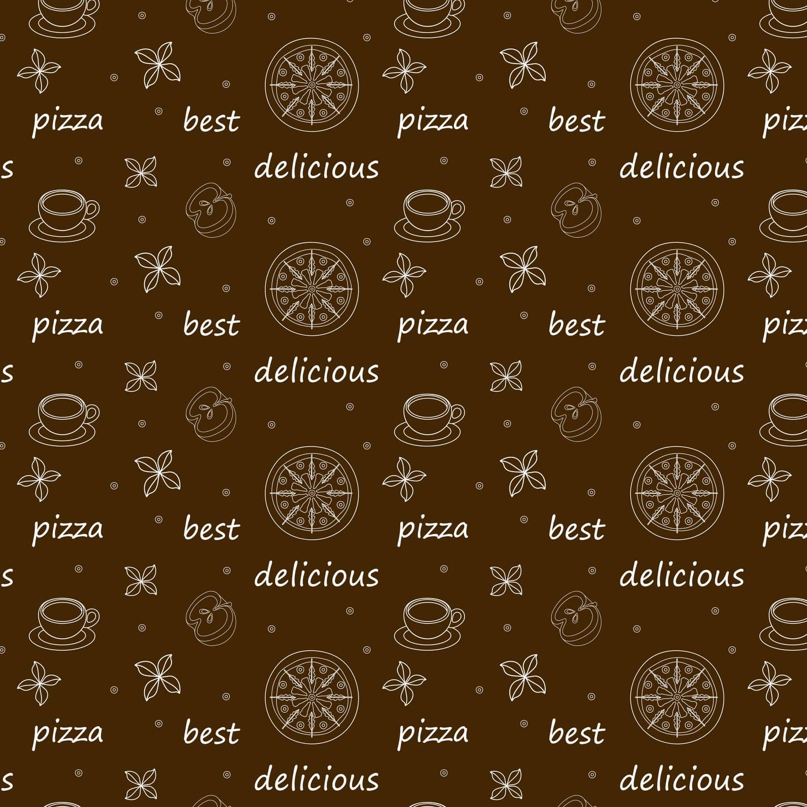 Seamless pattern with inscriptions delicious top best meat pizza basil white outline on brown background for decoration of pizzeria cafe gift paper
