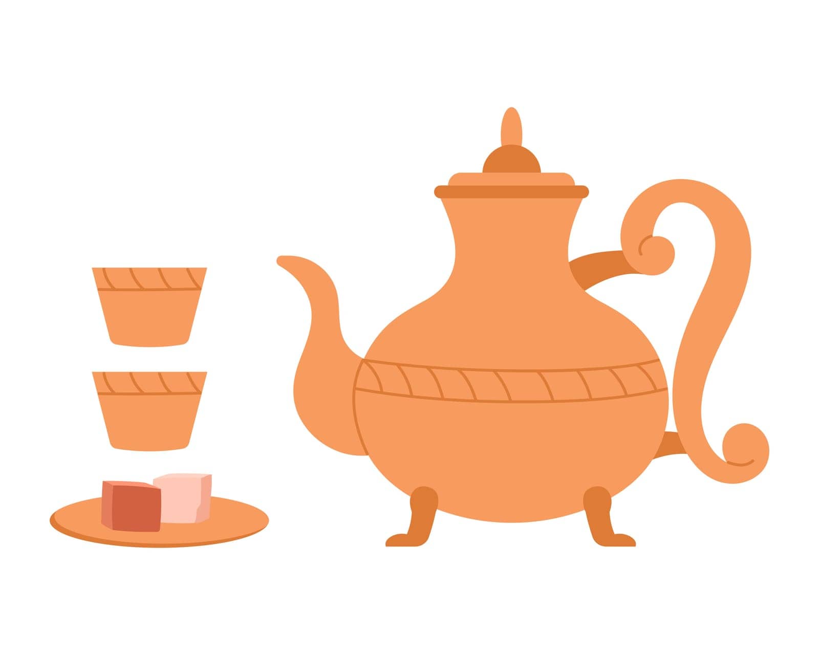 Traditional moroccan teapot. Arabian kettle with dessert, arabic delight cartoon vector illustration