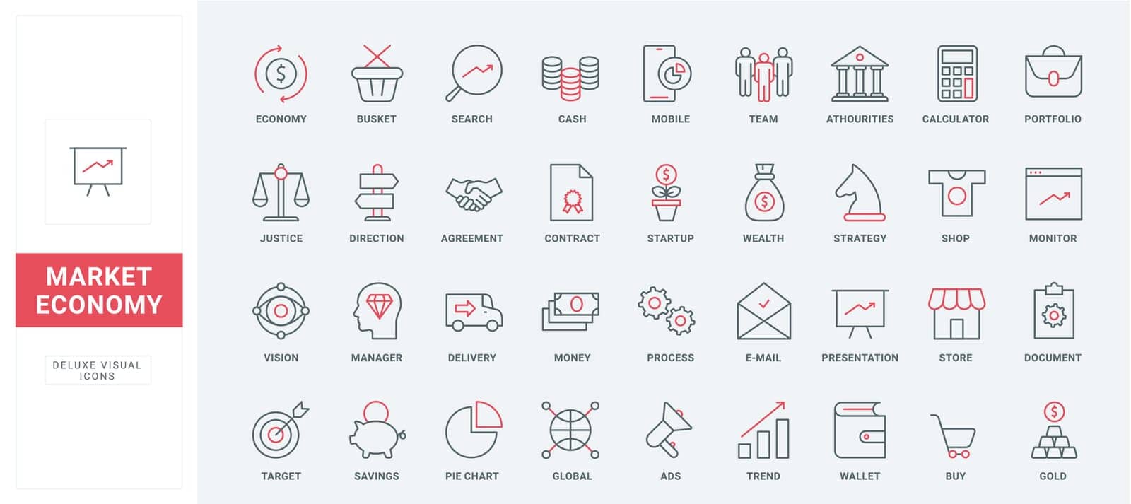 Commercial business strategy, market economy, finance thin black and red line icons set by iconicprototype
