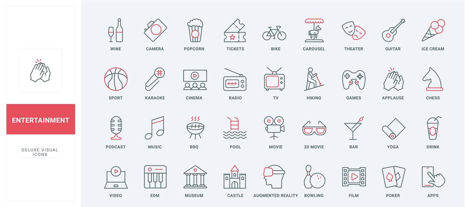Entertainment and leisure thin black and red line icons set vector illustration. Outline cinema and theater symbols, museum and TV, masks of theater and popcorn for movie, carousel of amusement park