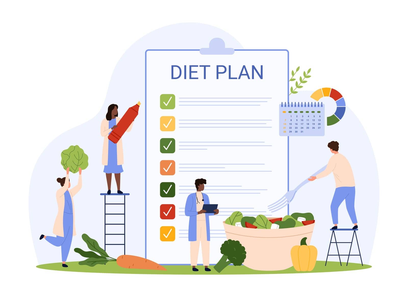 Diet plan mobile app, food list and planner for weight loss. Tiny people dietitians holding marker to write tick in checklist and fork to eat healthy vegetable salad cartoon vector illustration