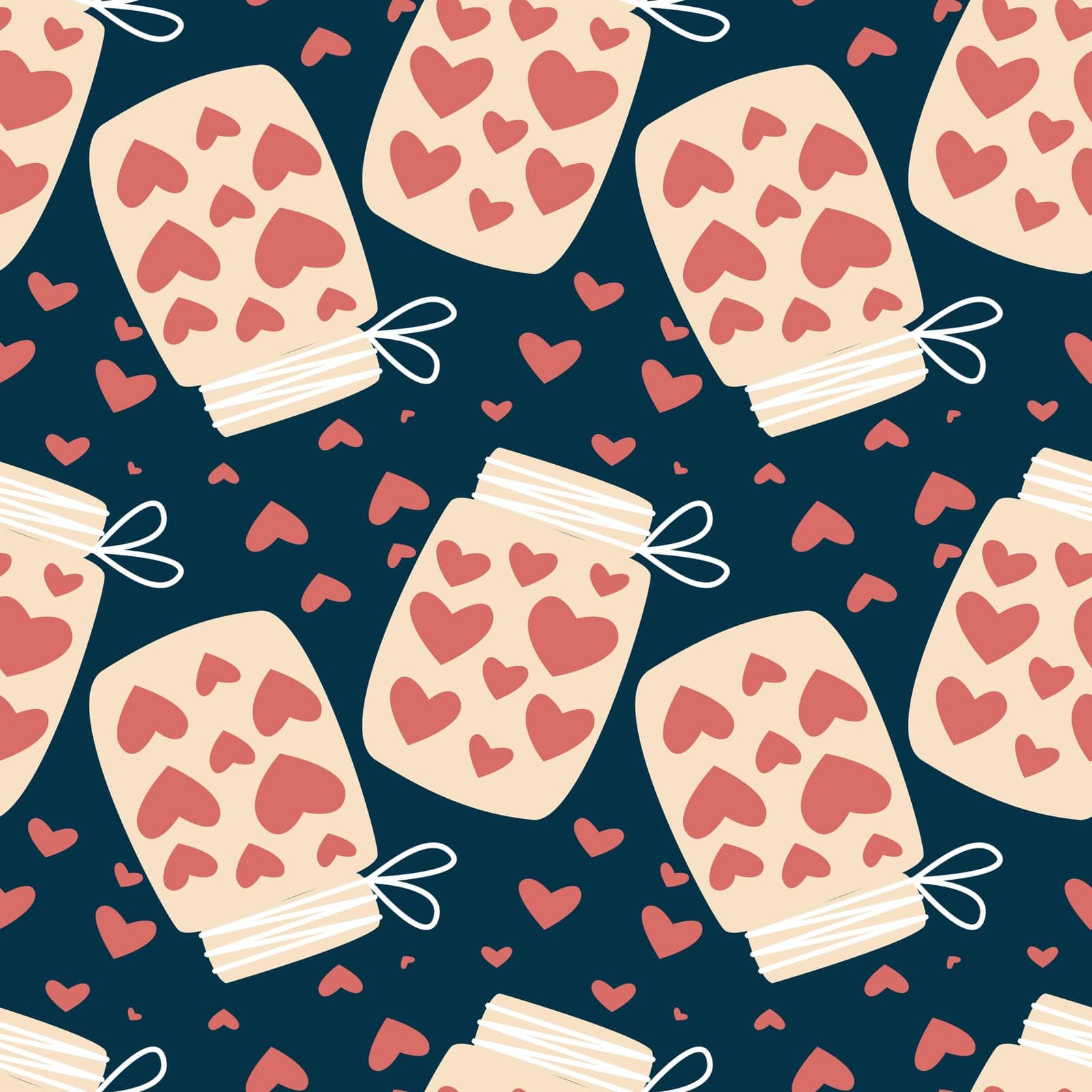 Hearts collected in jars seamless pattern. Romantic background love concept. Valentine s day print, vector illustration