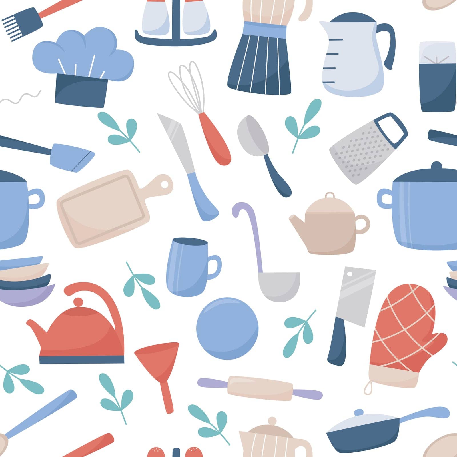 Kitchenware and utensils seamless pattern. Cooking items background. Crockery, cutlery, electrical appliances for cooking print, flat style vector illustration