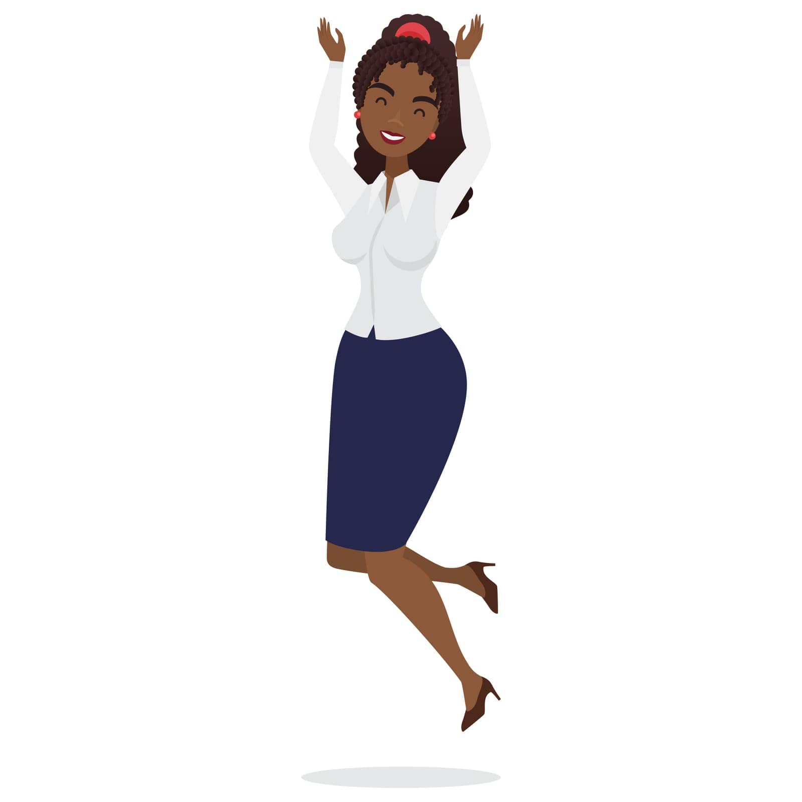 Jumping excited black businesswoman. Successful african office manager cartoon vector illustration