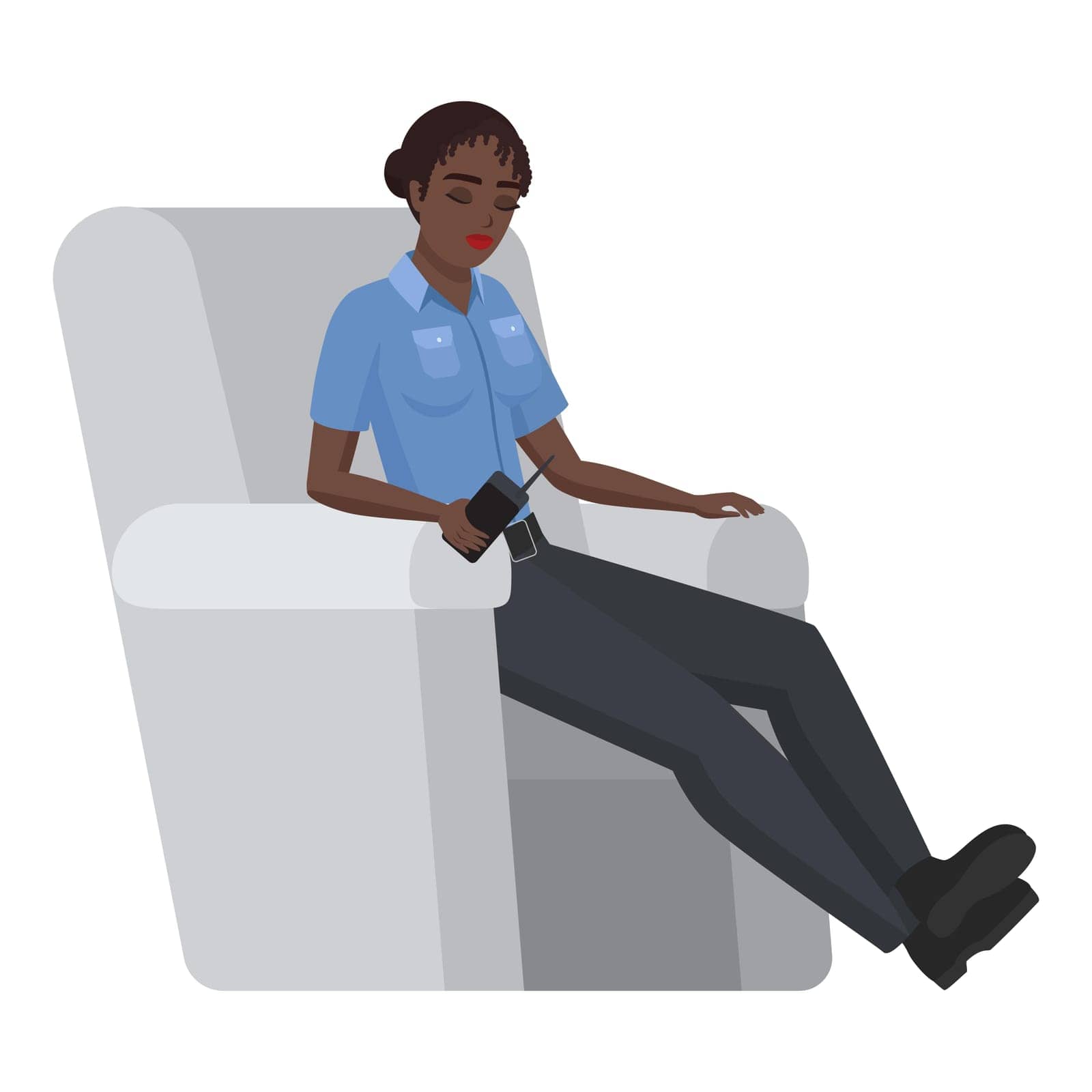 Sleeping black police woman in armchair. Relaxed police officer cartoon vector illustration