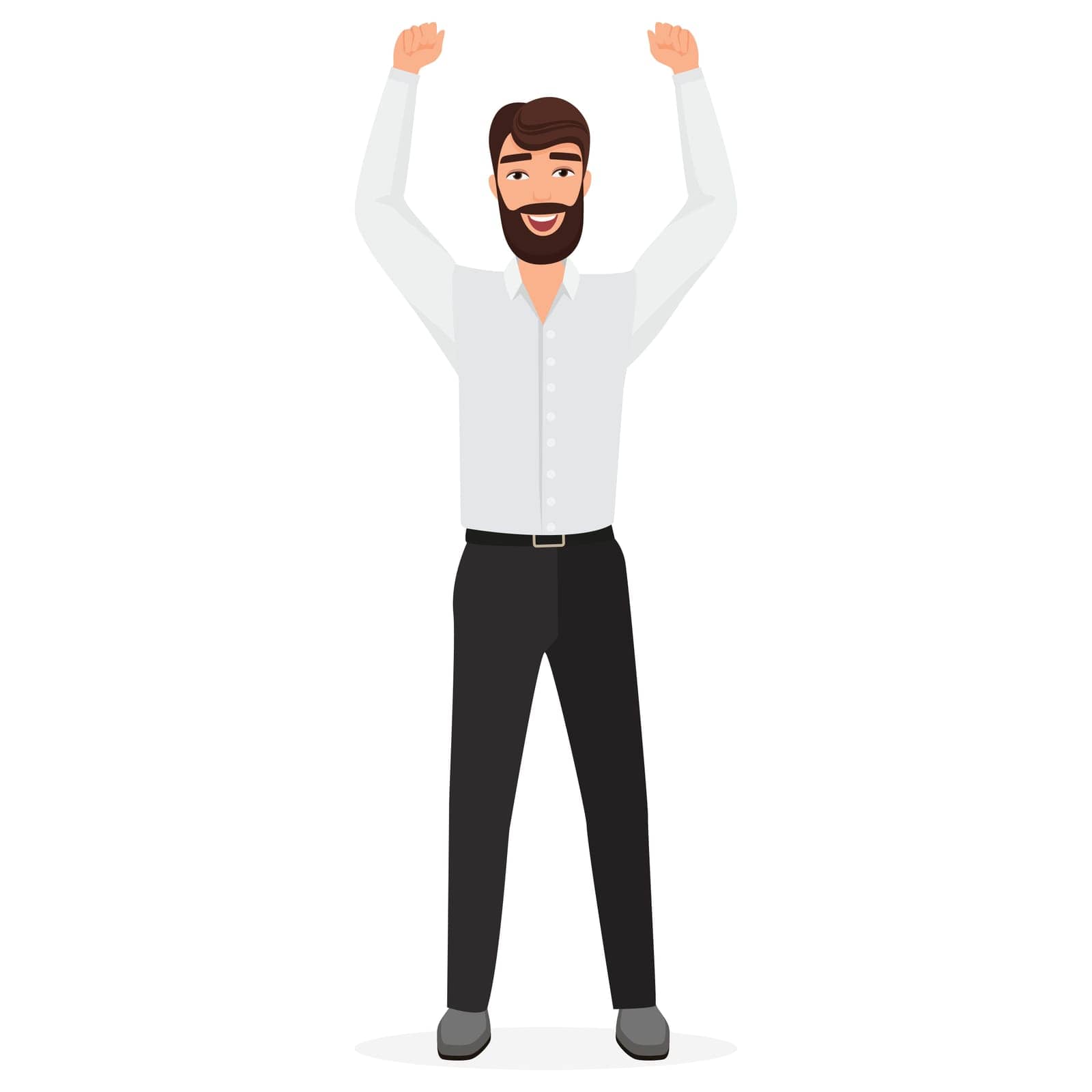 Excited businessman with raised hands. Successful business manager cartoon vector illustration