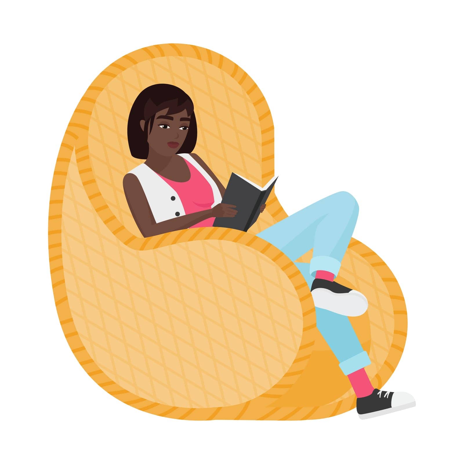 Hipster black girl relaxing in armchair. African hipster girl reading a book cartoon vector illustration