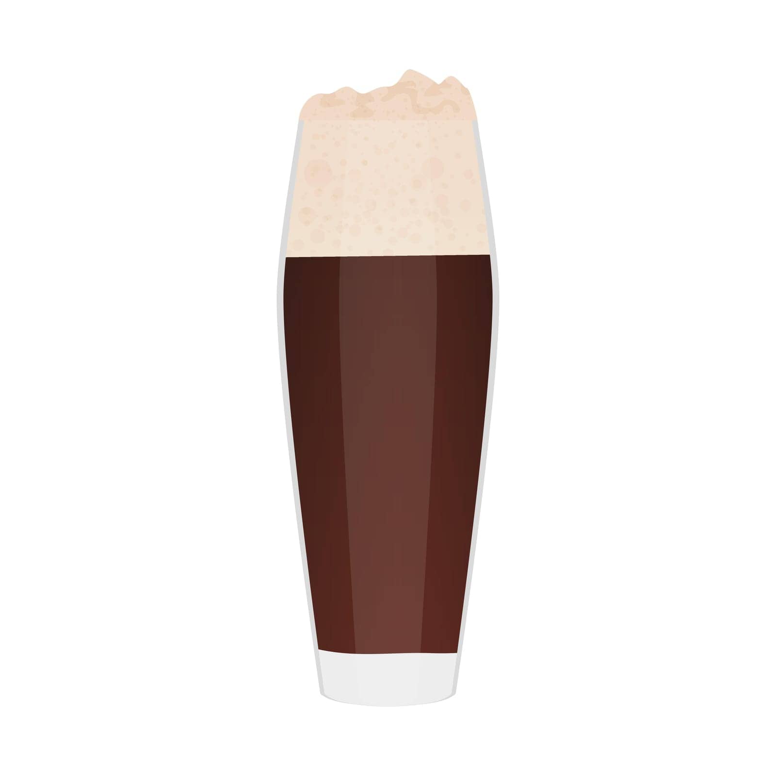 Beer glass, clear tall cup of dark brown beer with froth for party in pub vector illustration