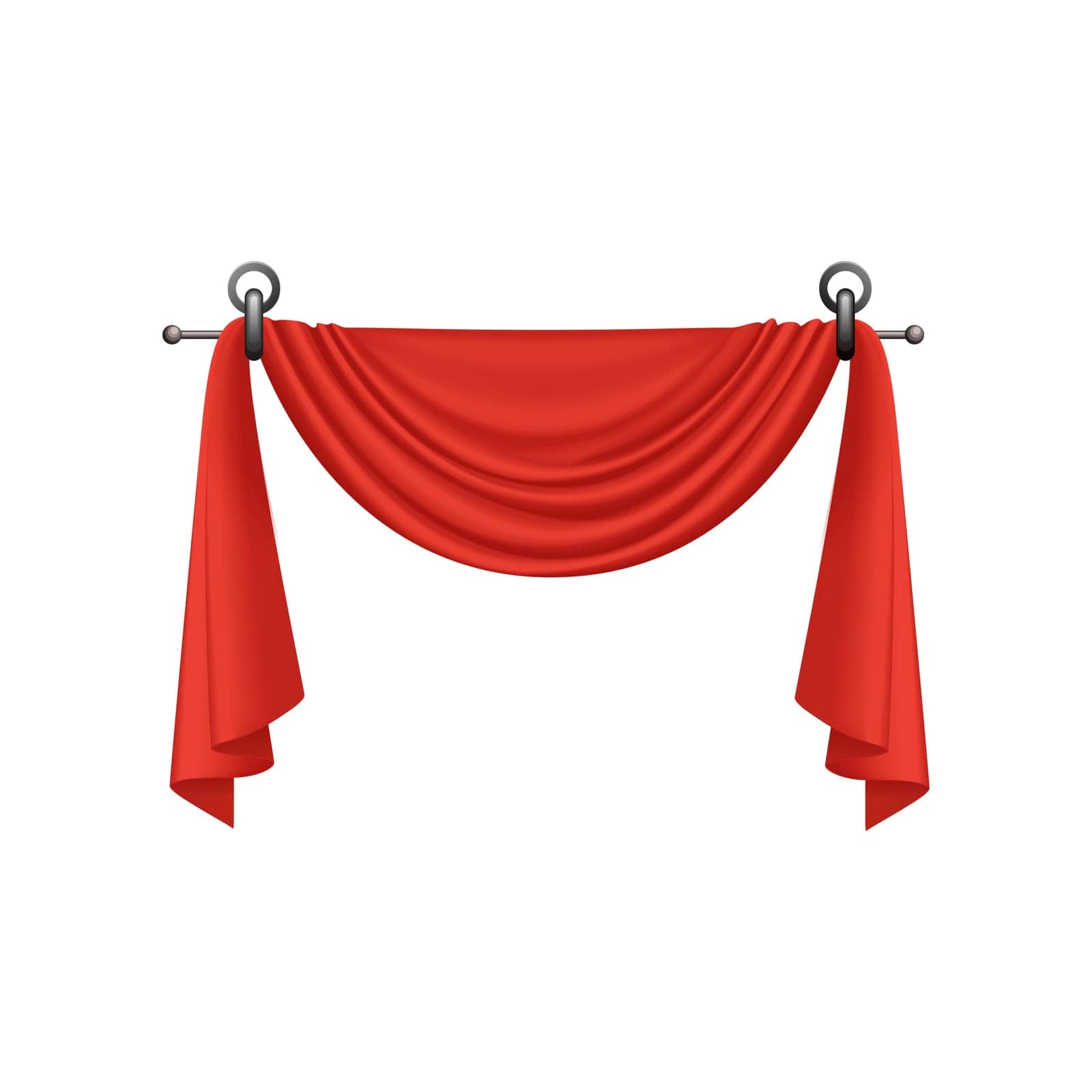 3D red curtains with drapery and decorative rings on pipe cornice vector illustration
