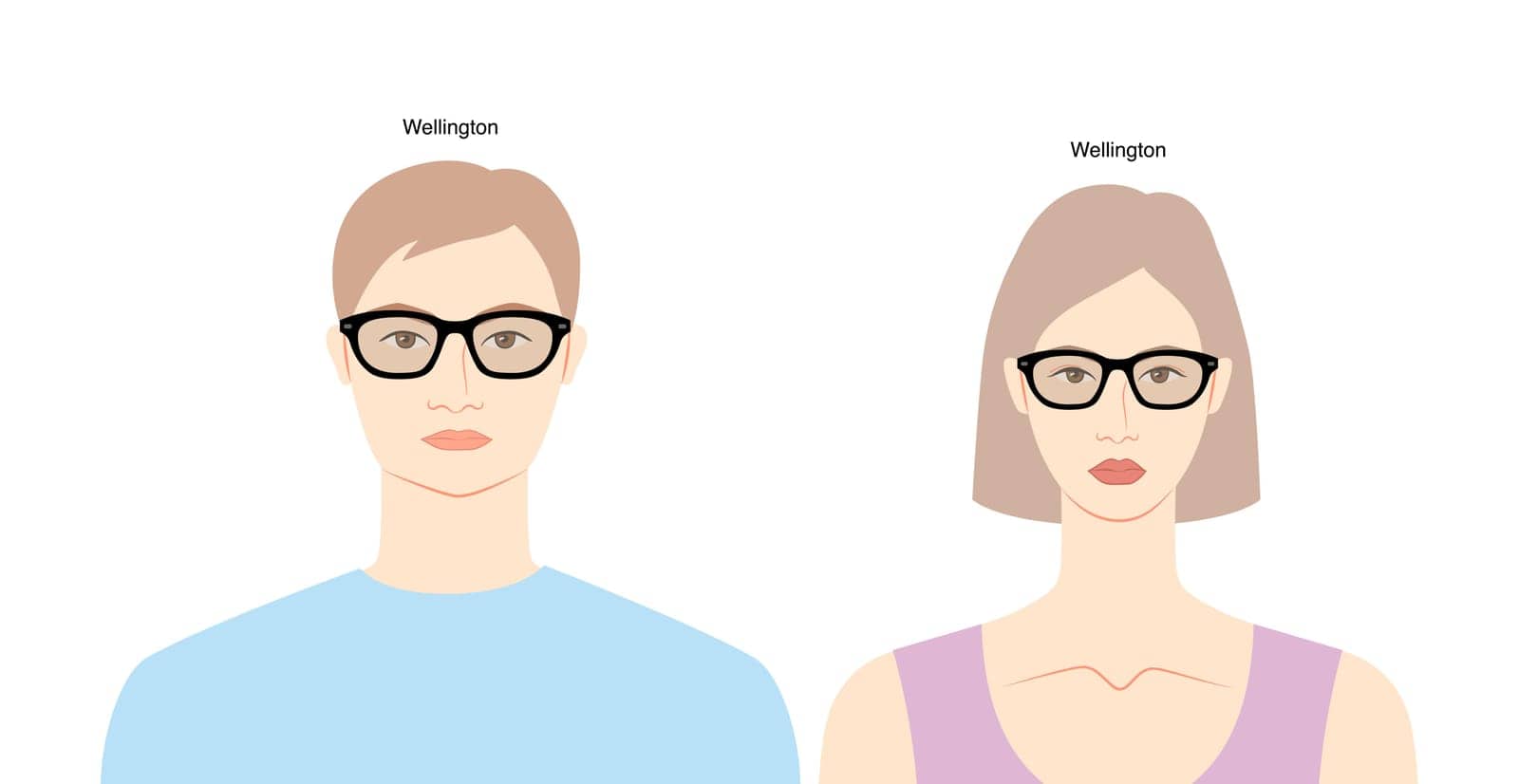 Wellington frame glasses on women and men flat character fashion accessory illustration. Sunglass front view unisex silhouette style, rim spectacles eyeglasses with lens sketch style outline on white