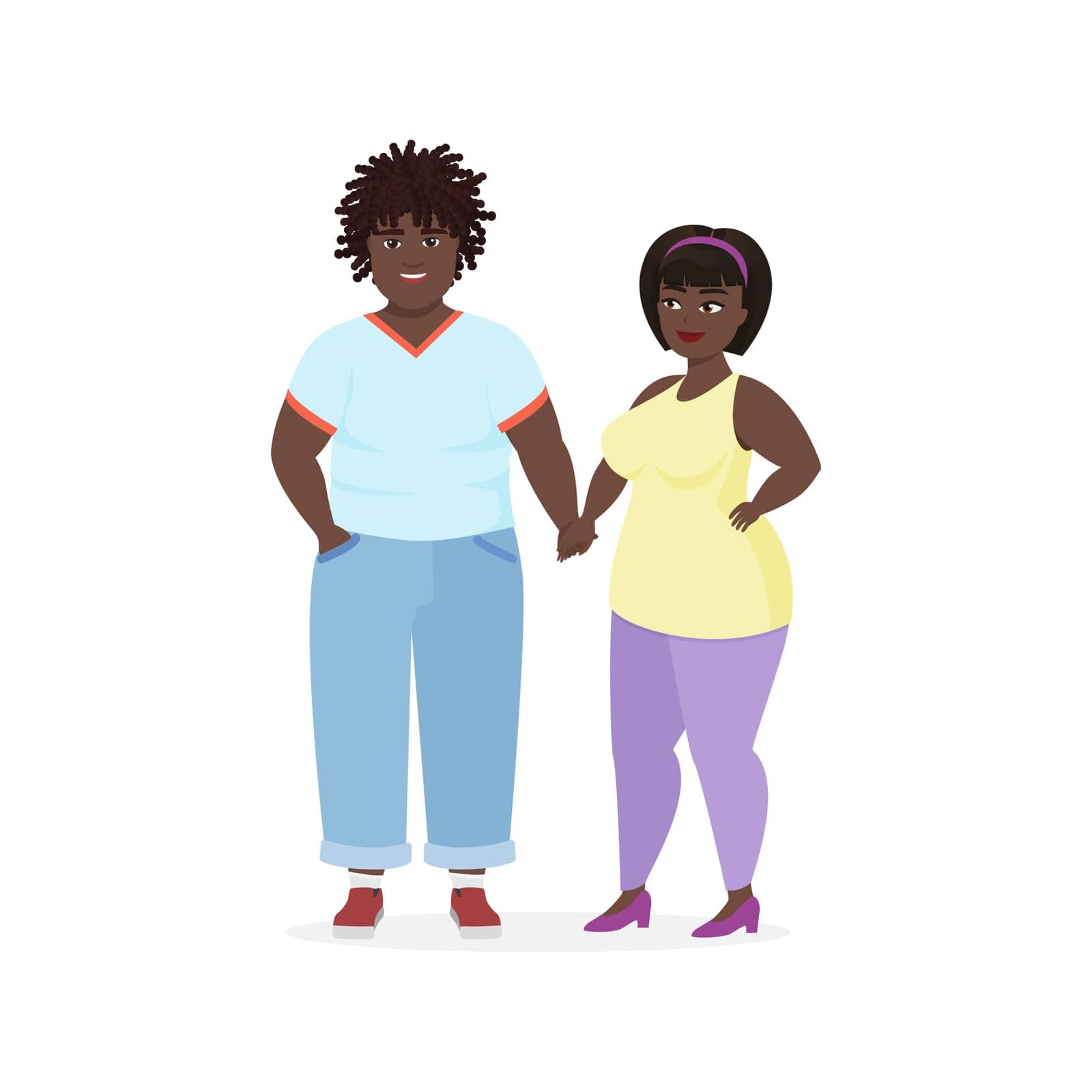 Young guy with afro haircut holding girls hand, couple standing together vector illustration