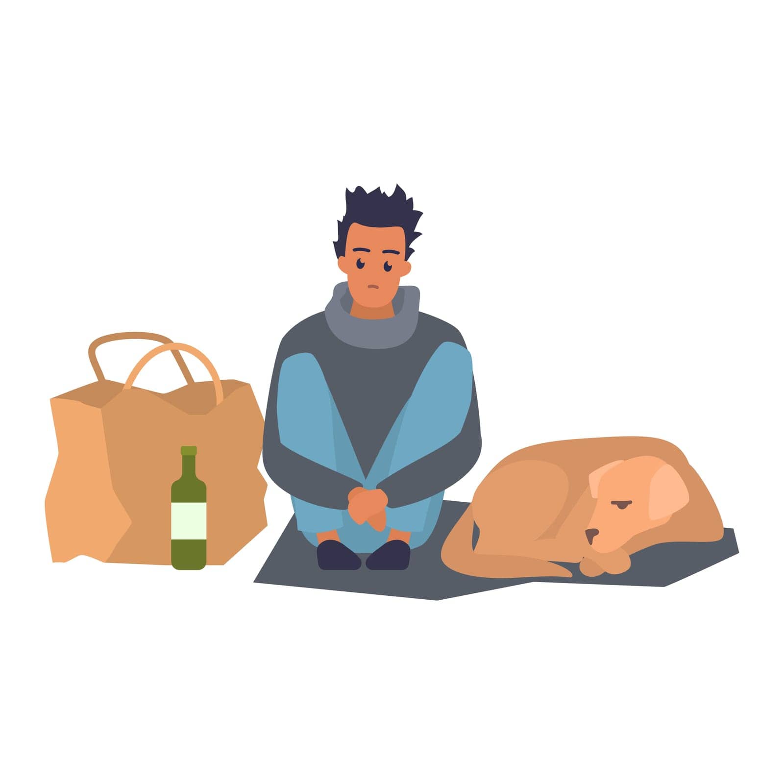 Homeless poor man and dog begging, male character with alcohol addiction vector illustration
