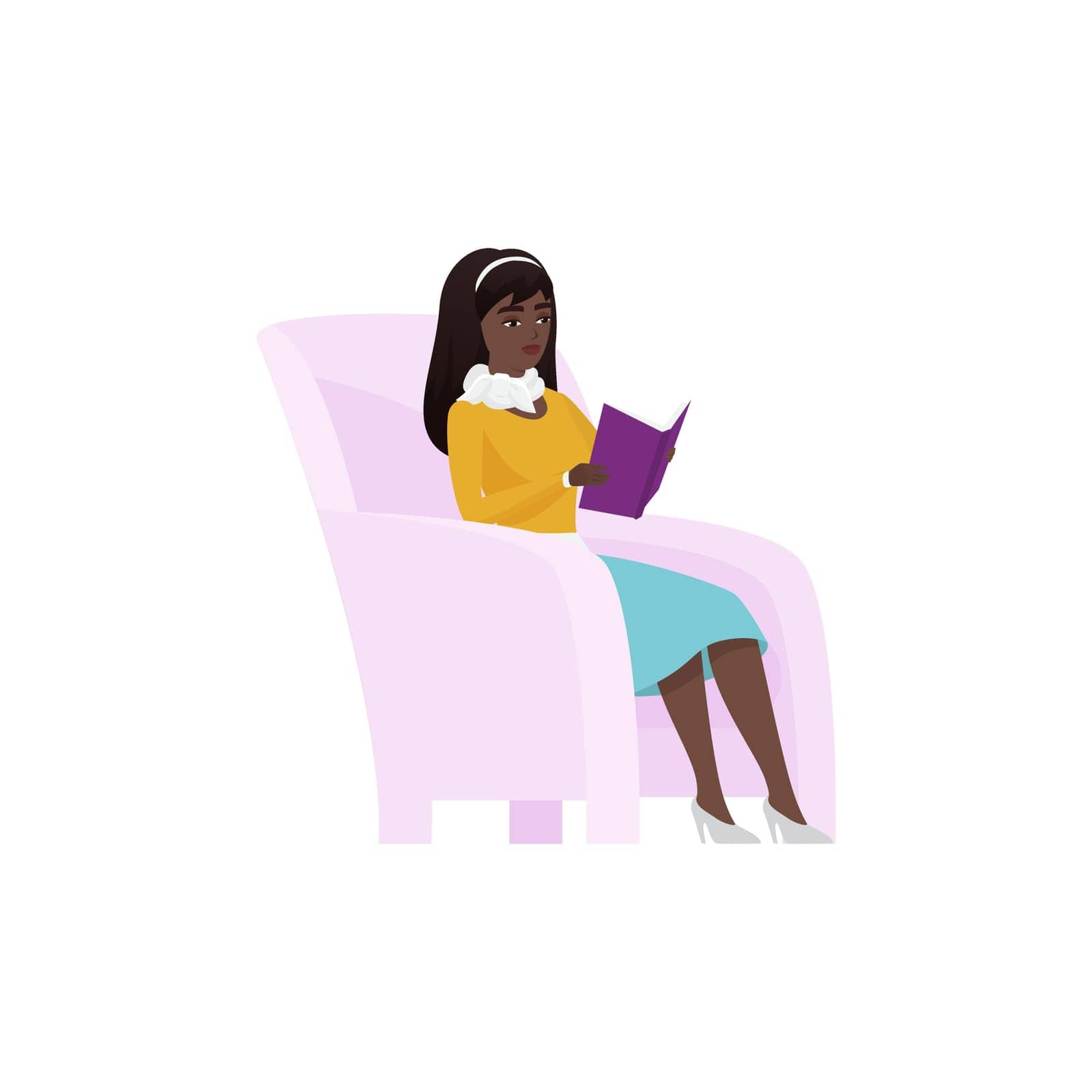 Woman sitting in armchair to read open paper book, teacher reading vector illustration
