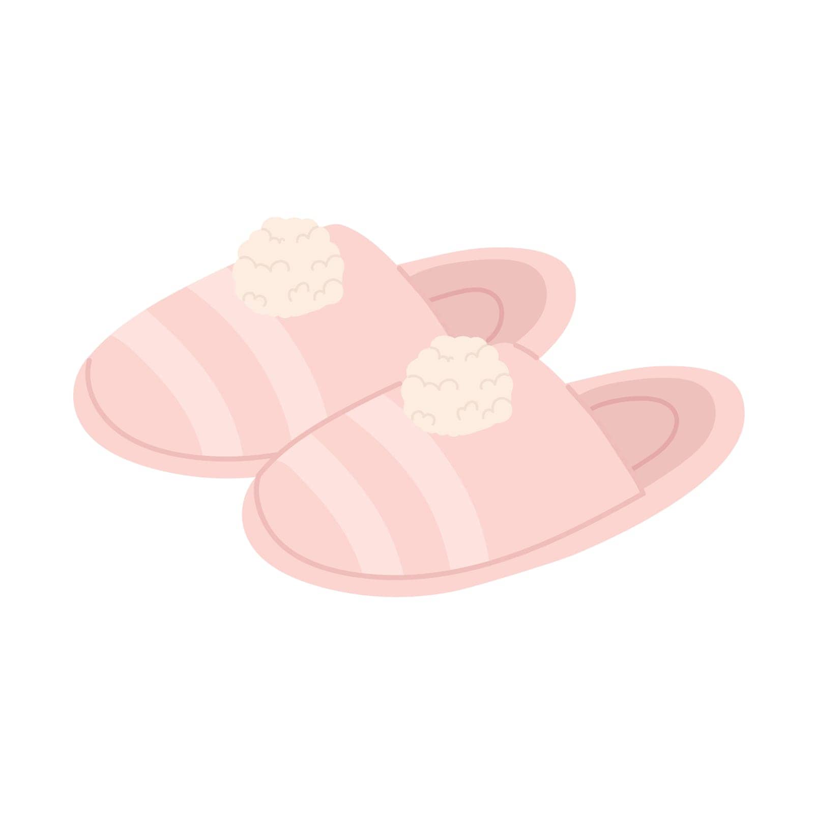 Soft house slippers. Cozy indoor slip with pompons, fluffy flip flops cartoon vector illustration