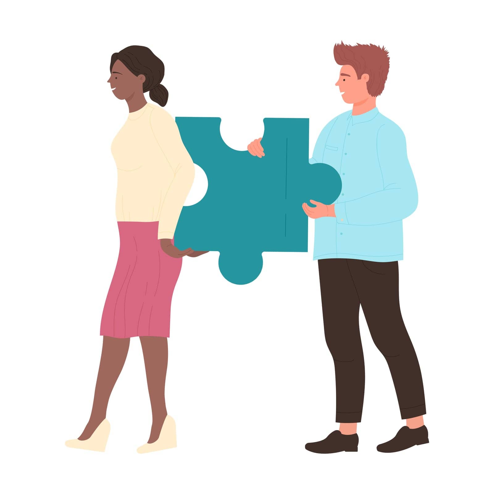 Teamwork puzzle solution. Effective business teamwork, jigsaw piece team cartoon vector illustration