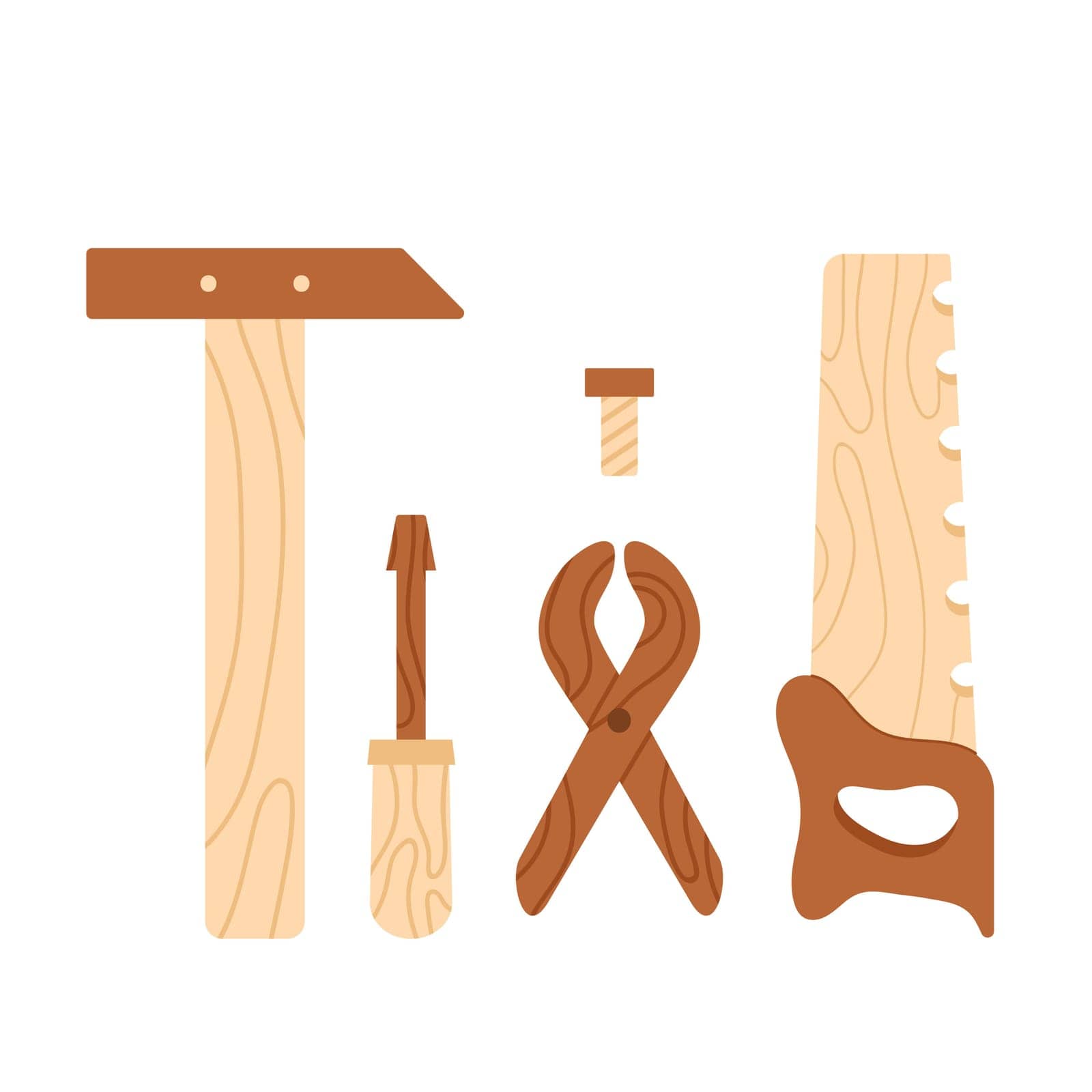 Wooden tool kit toy. Retro traditional wooden toys, kids entertainment cartoon vector illustration