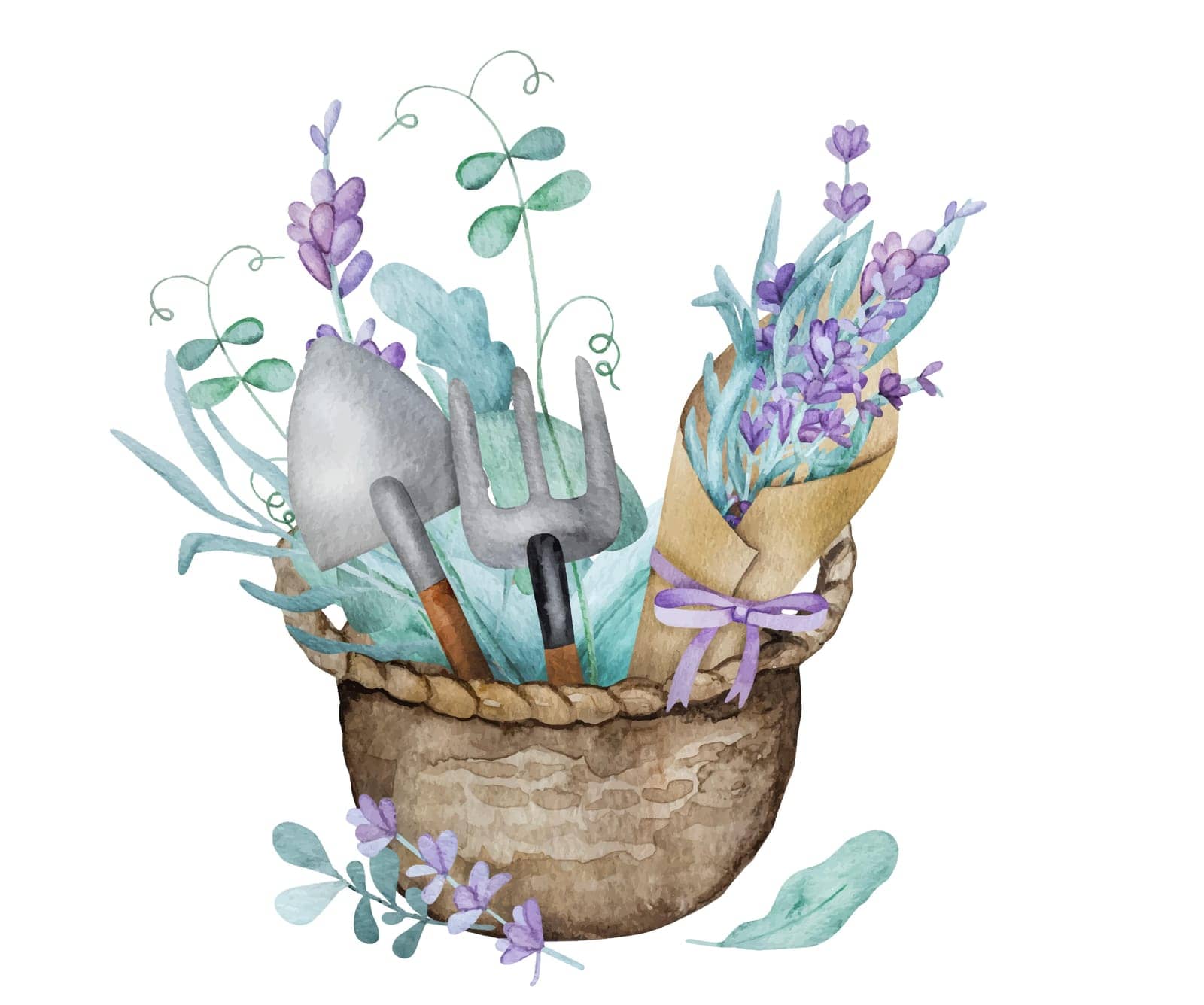 Beautiful lavender provence bouquet in basket with green pies sprouts and garden scapula watercolor illustration. Purple blossom flower composition aquarelle drawing