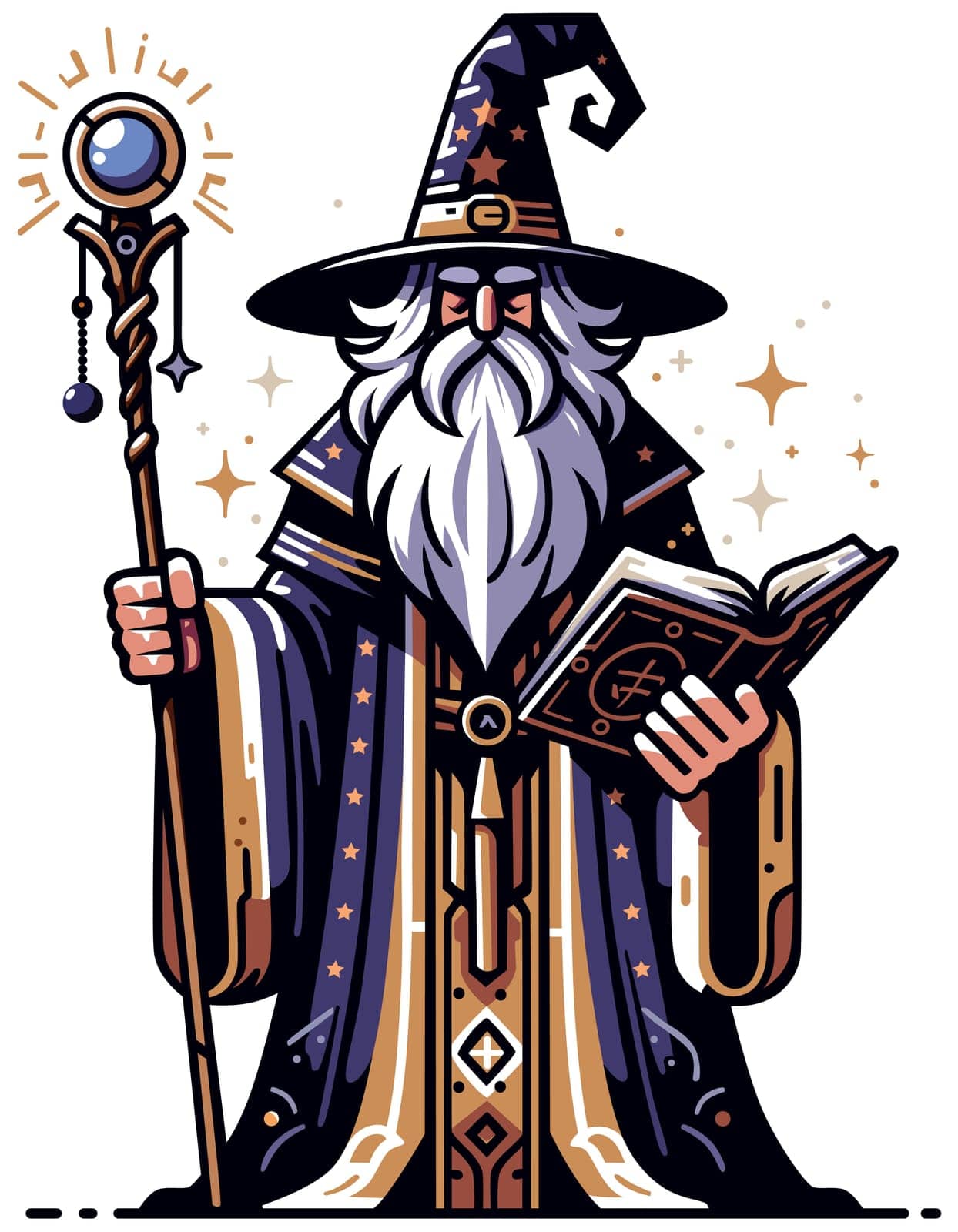 Wizard with staff and spellbook casts magic, adorned in a starry robe.