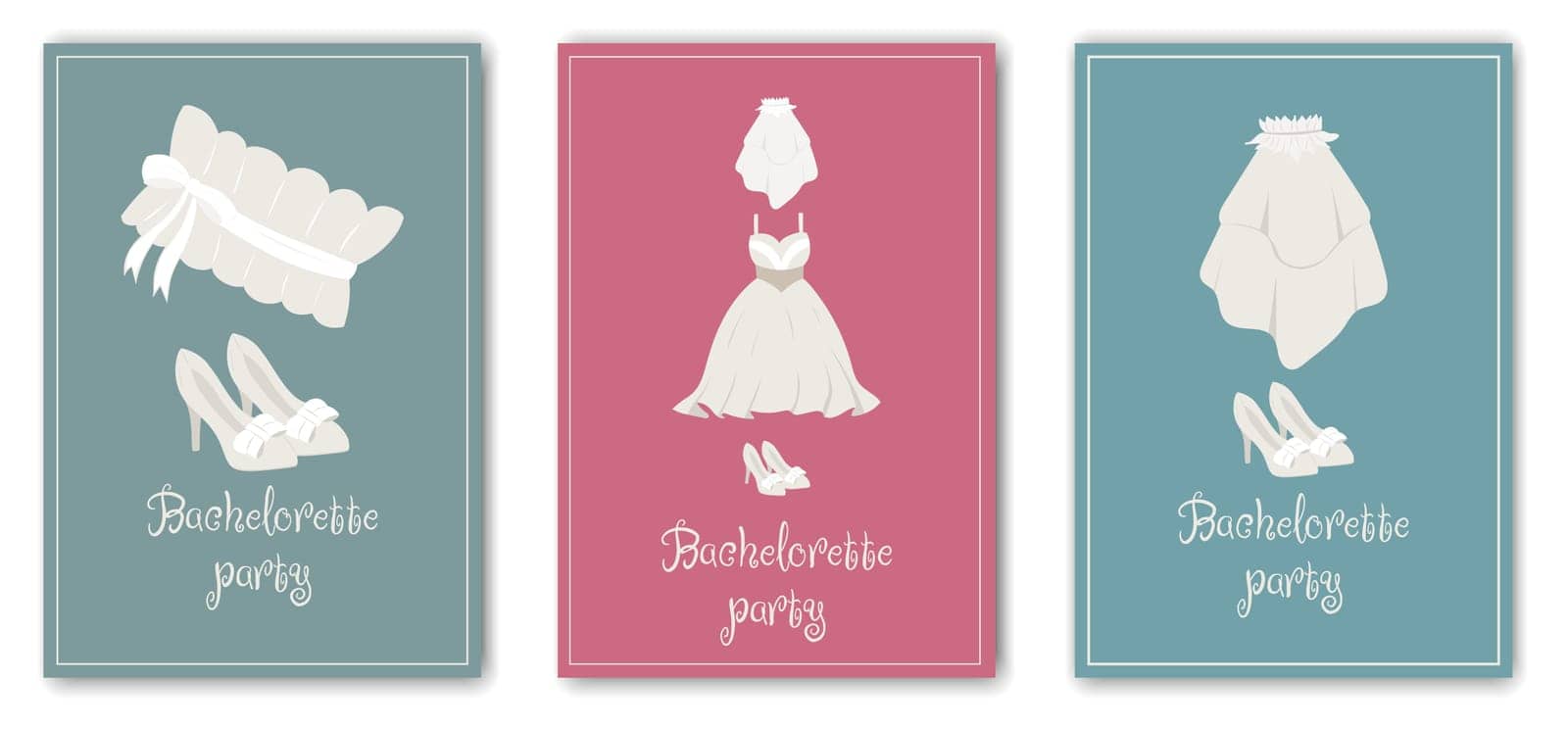 3 Set Bridal Shower invitation template With images of the wedding dress, veil, shoes and garter of the bride