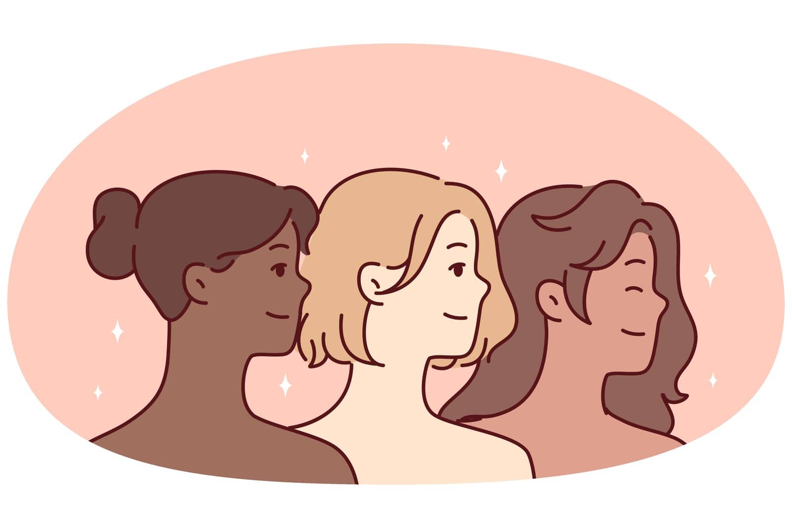 Diverse multiracial beautiful women with bare shoulders look one way and smile. Vector image by Vasilyeva