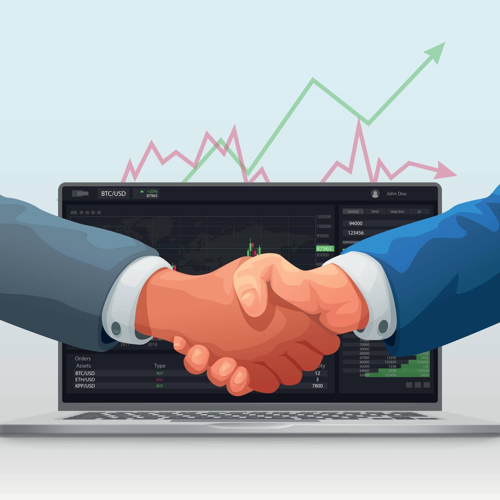 illustration of couple businessmen handshake in front of stock market as backdrop