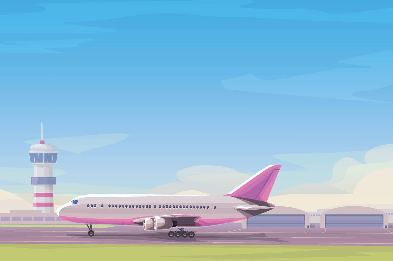 illustration of modern commercial airplane side view on runway at airport