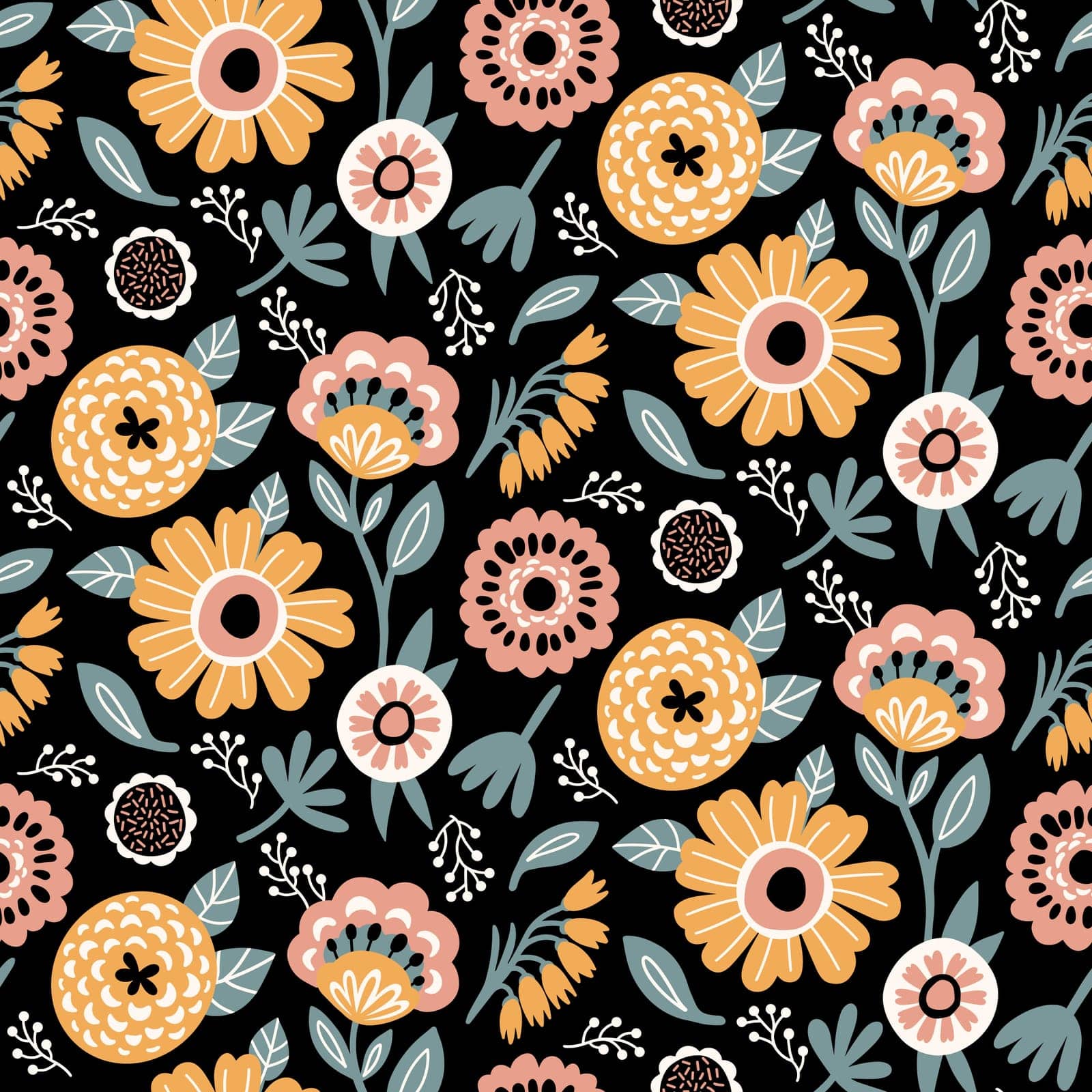 Floral Seamless Pattern of Flowers and Leaves in five Colors Yellow, White, Pink Peach, Grey Green on Black Backdrop, Wallpaper Design for Textiles, Papers Prints, Fashion Backgrounds, Beauty Products