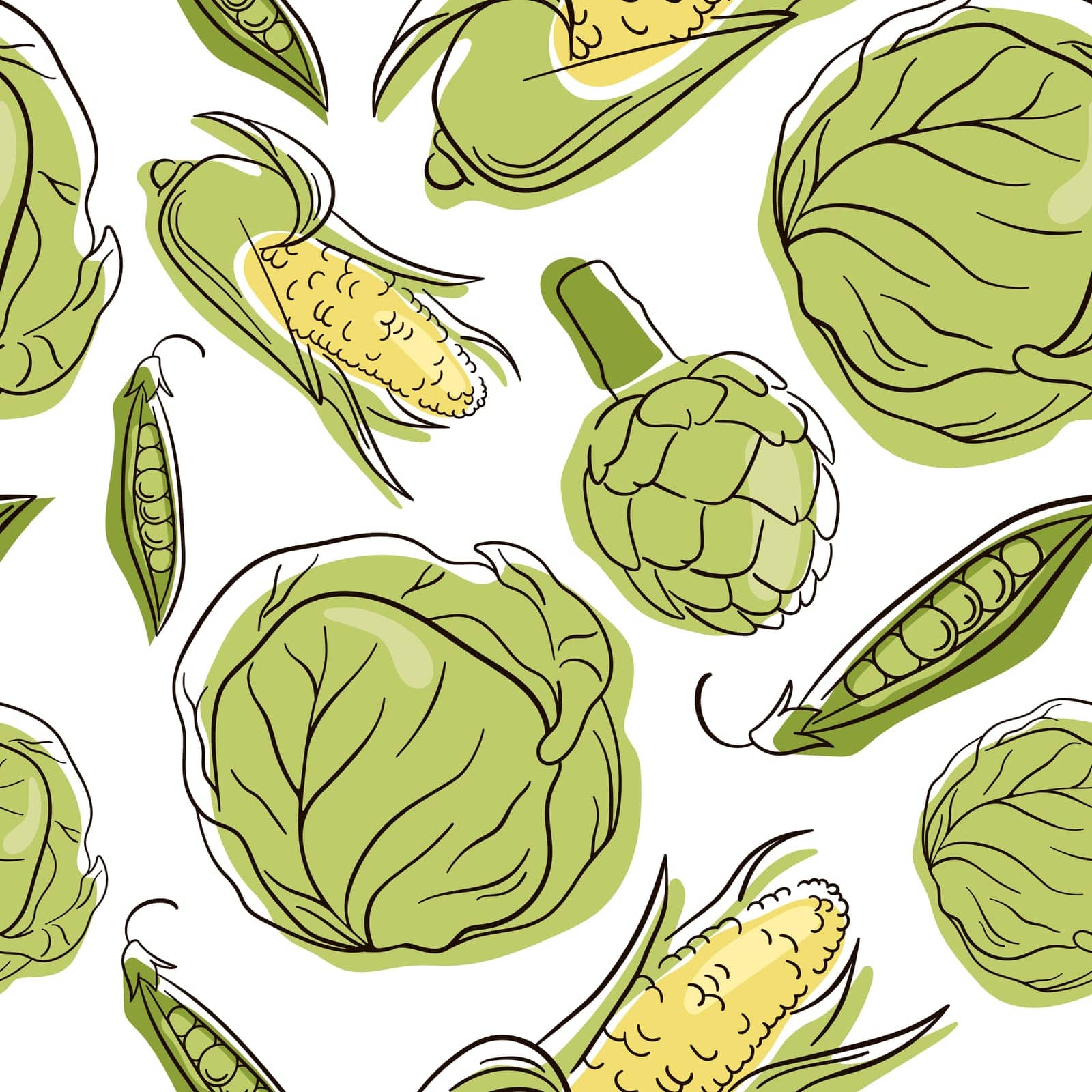 Seamless pattern with hand drawn vegetables. Line art cabbage, corn, peas, artichoke. Vegetarian healthy food vector texture. by IrynaShautsova
