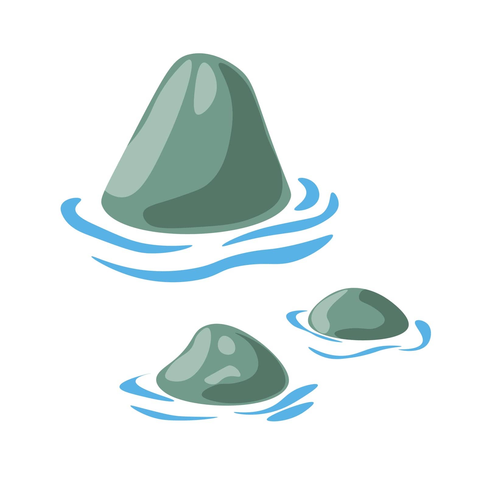 Stones in water. Decorative element of natural or artificially created reservoir. Calming atmosphere. Isolated rocks with waves around. Aesthetic appeal of aquatic environments. Vector in flat style